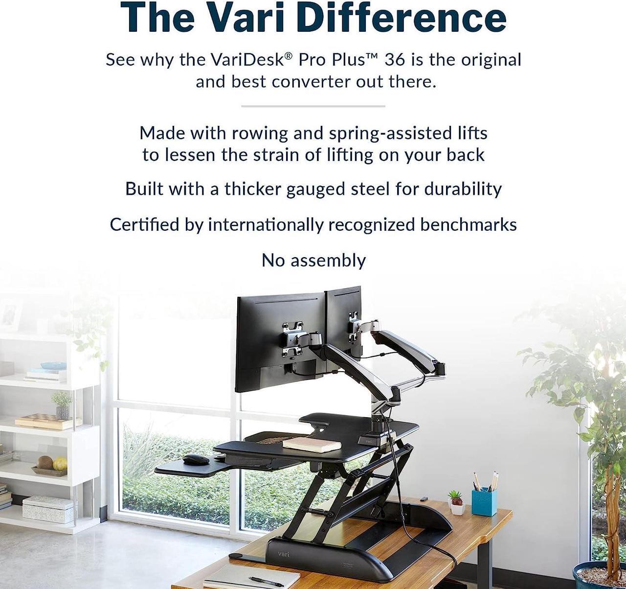 Alt view image 3 of 7 - Vari VariDesk Pro Plus 36 - Adjustable Desk Converter with 11 Height Settings - Laptop Sit Stand Desk Riser for Table Tops and Home Office- Fully Assembled with Spring Loaded Lift- Black