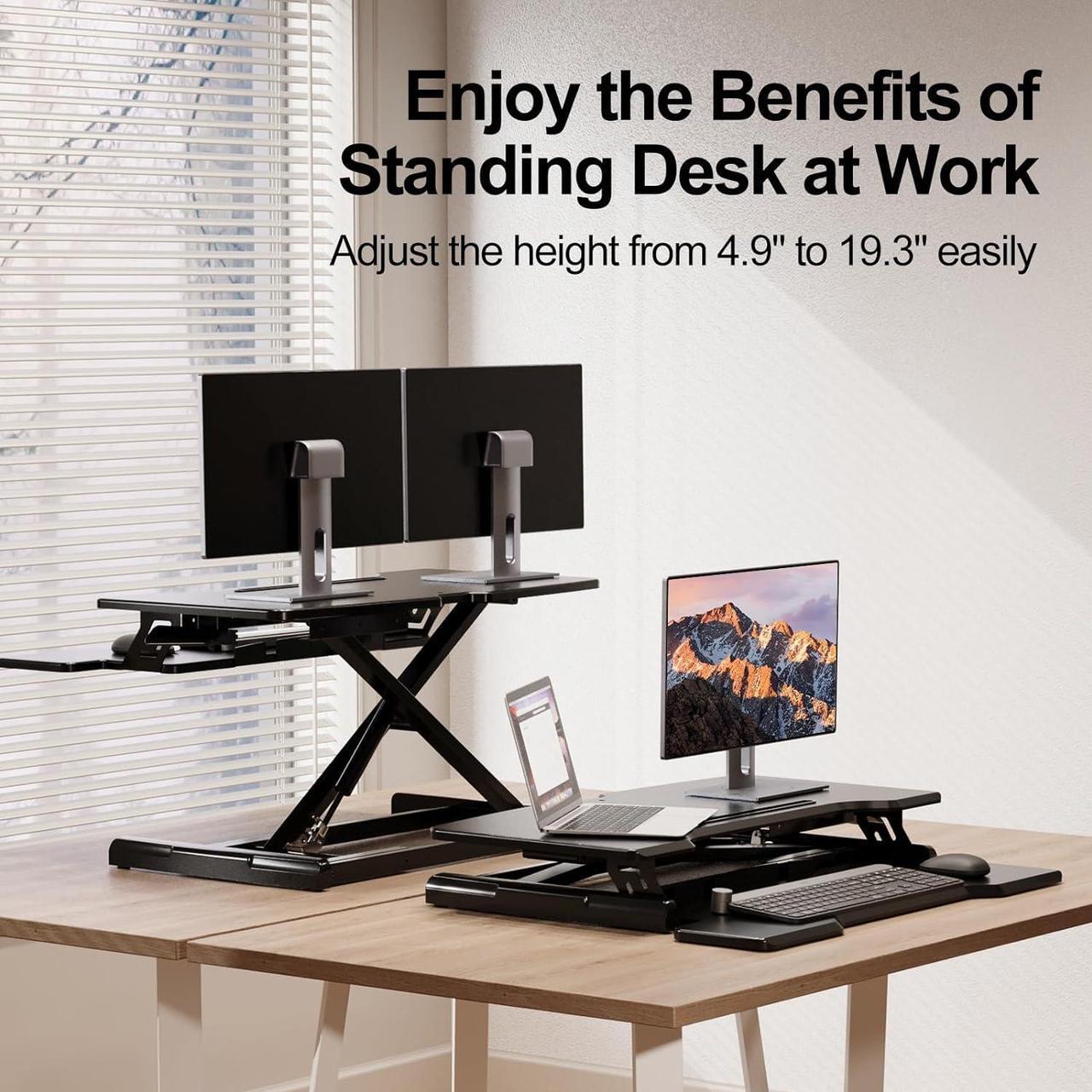 Alt view image 2 of 7 - Standing Desk Converter 30 Inches Stand up Desk Riser, Height Adjustable Dual Tier Sit Stand Tabletop Monitor Riser Workstation for Home Office with Deep Keyboard Tray for Laptop