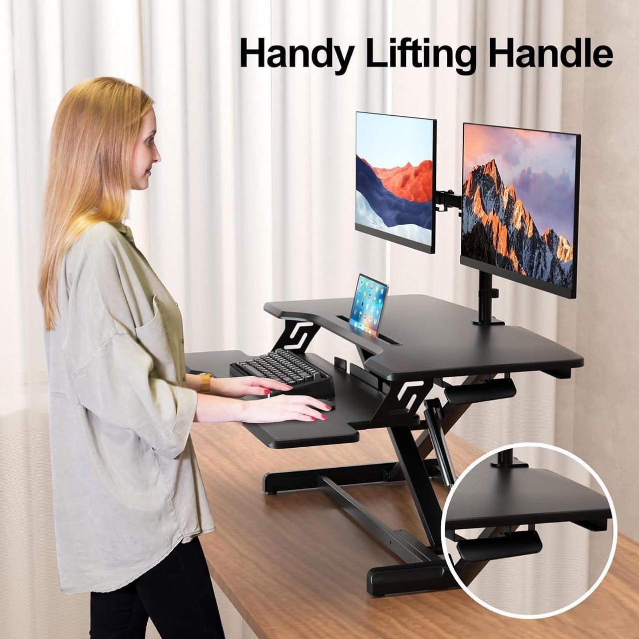 Alt view image 4 of 7 - Standing Desk Converter 30 Inches Stand up Desk Riser, Height Adjustable Dual Tier Sit Stand Tabletop Monitor Riser Workstation for Home Office with Deep Keyboard Tray for Laptop