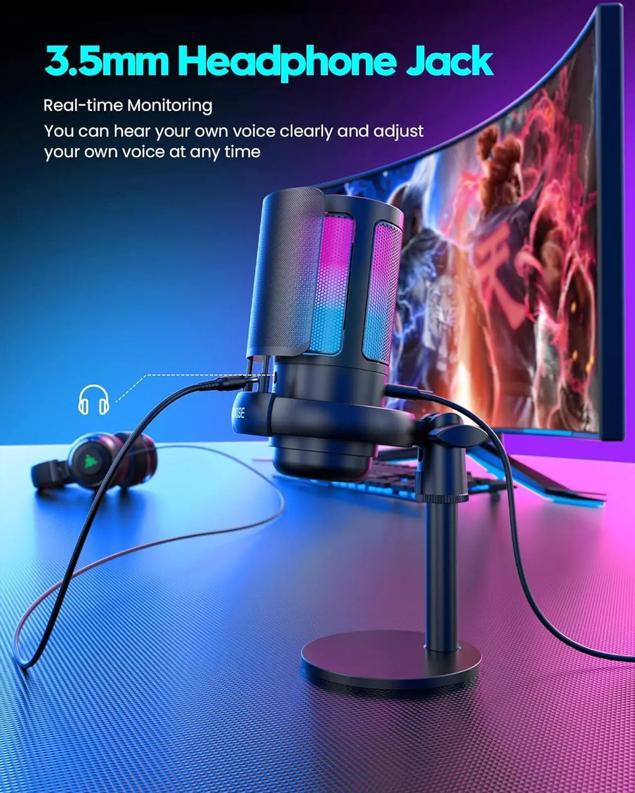 Alt view image 5 of 7 - Gaming Microphone, USB PC Mic for Podcasts Videos, Streaming, Condenser Mic with Quick Mute, Tripod Stand, Pop Filter, RGB Indicator, Shock Mount, Rotate gain button, Compatible with PS4/5/PC