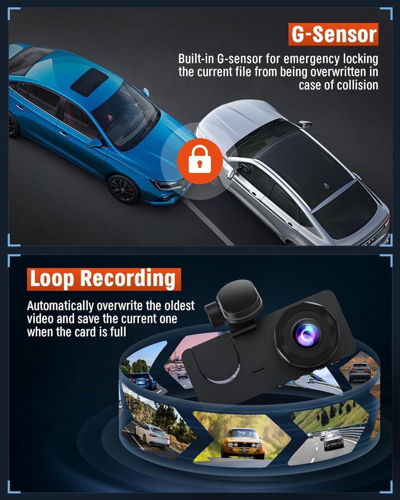 Alt view image 3 of 7 - Dash Cam Front and Rear Inside,8K Full UHD Dash Camera for Cars,3 Channel Car Camera Built-in 32GB Card,WDR,G-Sensor, Loop Recording,2.0''IPS HD Screen,24H Parking Monitor,Accident Lock