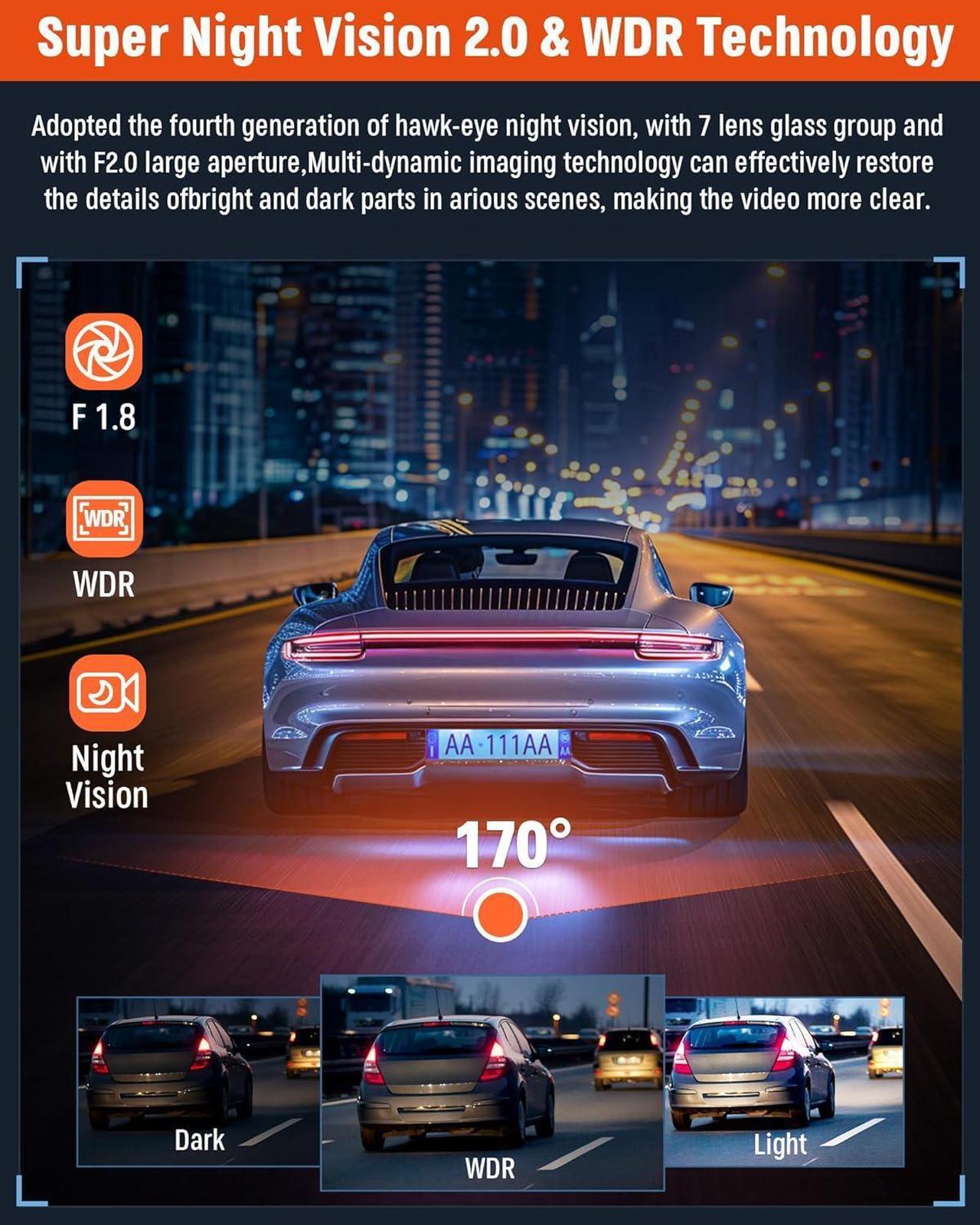 Alt view image 5 of 7 - Dash Cam Front and Rear Inside,8K Full UHD Dash Camera for Cars,3 Channel Car Camera Built-in 32GB Card,WDR,G-Sensor, Loop Recording,2.0''IPS HD Screen,24H Parking Monitor,Accident Lock