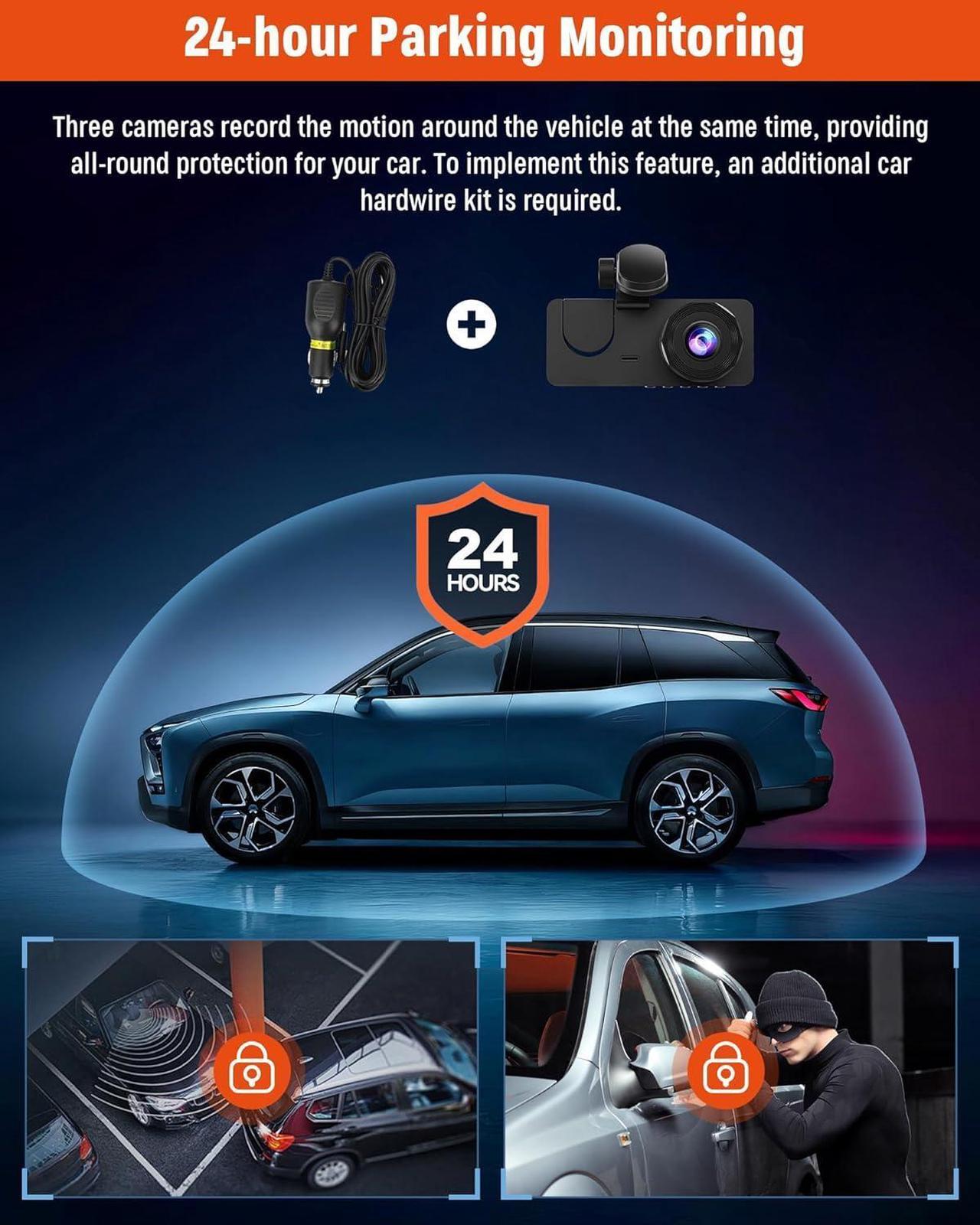 Alt view image 6 of 7 - Dash Cam Front and Rear Inside,8K Full UHD Dash Camera for Cars,3 Channel Car Camera Built-in 32GB Card,WDR,G-Sensor, Loop Recording,2.0''IPS HD Screen,24H Parking Monitor,Accident Lock