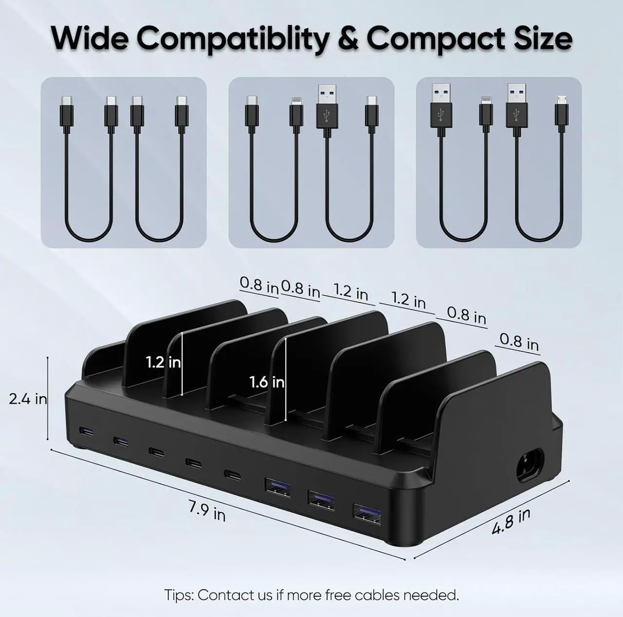 Alt view image 5 of 6 - 300W USB C Charging Station for Multiple Devices, 8 Port Multi Device Fast Charging Station for MacBook iPhone 15 Phone iPad Tablets Black (6 Mixed Short Cables Included)