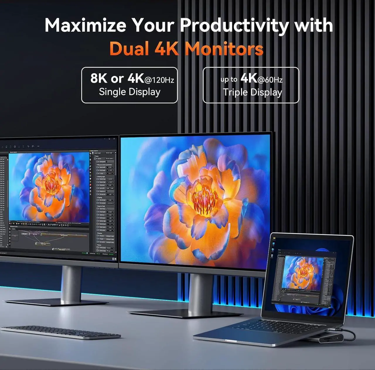 Alt view image 3 of 7 - USB-C Docking Station Triple/Dual 4K Monitor, Laptop Docking Station Stand with 100W Gan III Power Supply, 2.5Gbps Ethernet, 2 HDMI&DP (Single 8K/4K@120Hz), 6 USB Ports, for /Hp/