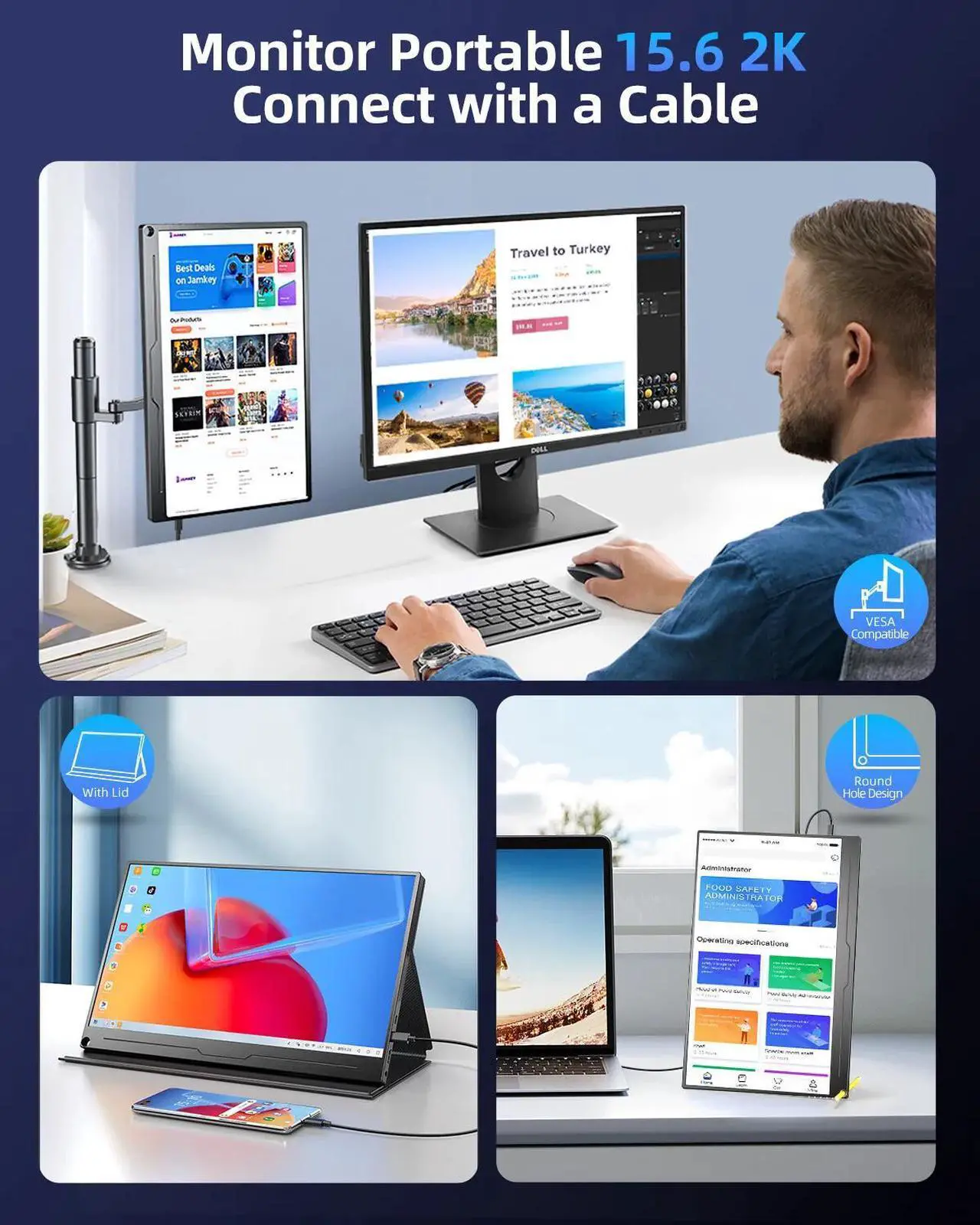 Alt view image 6 of 7 - EVICIV 16" Portable Monitor 2560*1600 2K QHD Screen HDMI USB C Display 400Nit 100% sRGB HDMI 2*USB C W/VESA