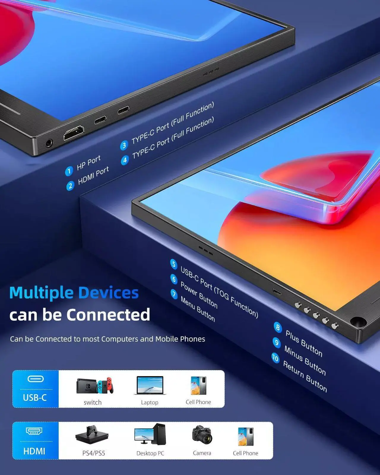 Alt view image 3 of 7 - EVICIV 16" Portable Monitor 2560*1600 2K QHD Screen HDMI USB C Display 400Nit 100% sRGB HDMI 2*USB C W/VESA