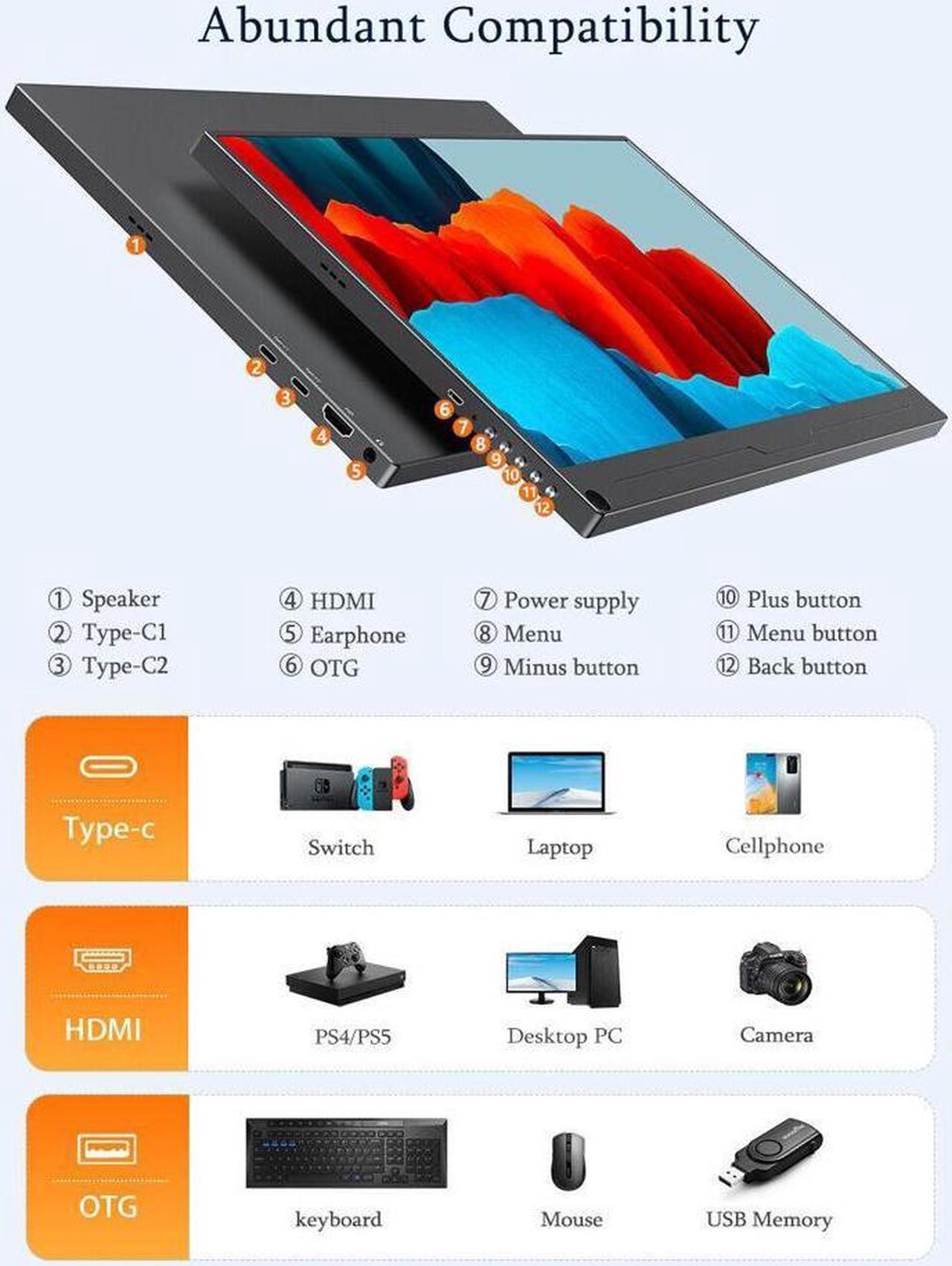 Alt view image 6 of 7 - NEWSOUL Portable Monitor 15.6'' Computer Display [100% sRGB High Color Gamut] 1920×1080 USB C Monitor FHD Eye Care Gaming Screen IPS Mini HDMI Type C OTG Dual Speaker VESA, Included Smart Cover Stand