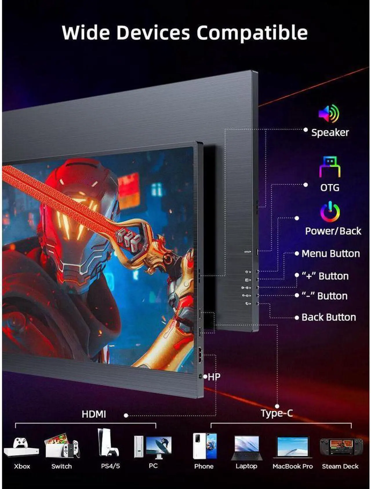 Alt view image 7 of 7 - NEWSOUL 17.3 Inch 144Hz Portable Gaming Monitor, AMD FreeSync Premium Eye Care Monitor, FHD 1080P HDR IPS Laptop Computer Monitor, HDMI USB C External Screen for Esports Xbox Switch PS5