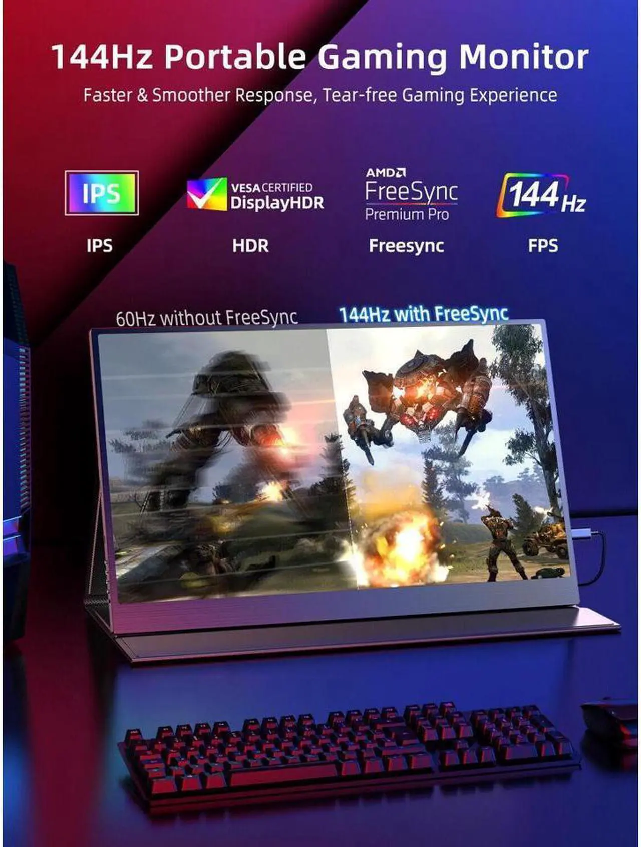 Alt view image 2 of 7 - NEWSOUL 17.3 Inch 144Hz Portable Gaming Monitor, AMD FreeSync Premium Eye Care Monitor, FHD 1080P HDR IPS Laptop Computer Monitor, HDMI USB C External Screen for Esports Xbox Switch PS5