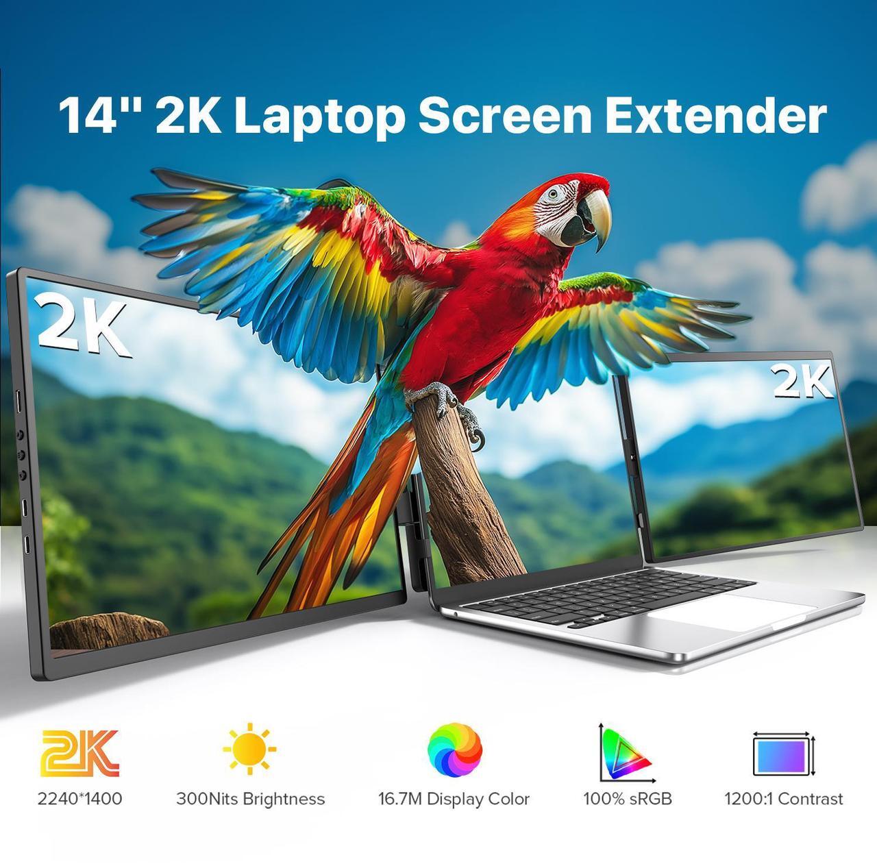 Alt view image 3 of 7 - Newsoul 2K 14" 360° Swivel Hinge Laptop Screen Extender, QHD IPS Portable Dual Monitor for 13.3"-17.3" Laptops - Plug & Play with Mac, Win, Android