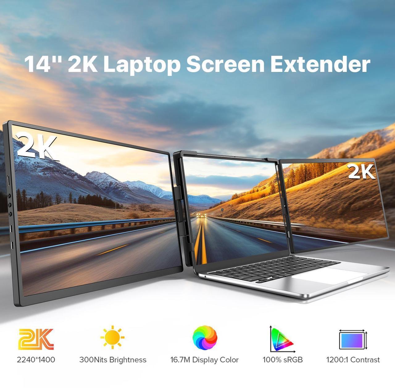 Alt view image 2 of 7 - Newsoul 2K 14" 360° Swivel Hinge Laptop Screen Extender, QHD IPS Portable Dual Monitor for 13.3"-17.3" Laptops - Plug & Play with Mac, Win, Android
