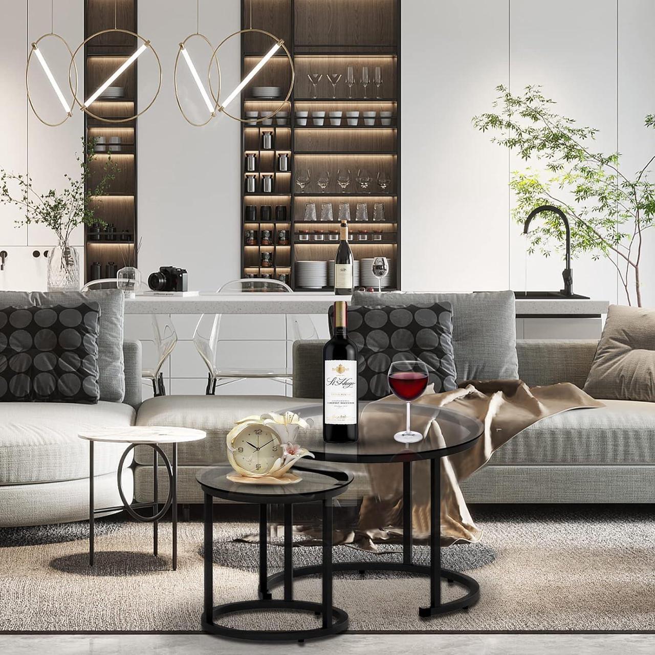Alt view image 5 of 7 - aboxoo Black Nesting Coffee Glass Table Set of 2, Metal Freme Side End Tables for Living Room Bedroom for Apartment Small Place Modern Industrial Simple, 23.6D x 23.6W x 17.7H in