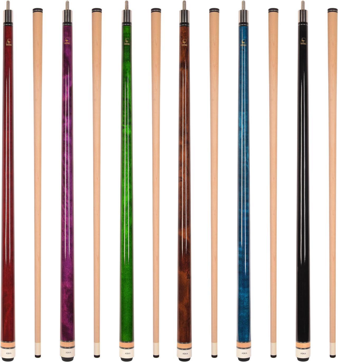 Set of 6 Aska L3 Pool Cue Sticks, 58", 13mm Tip, Hard Rock Canadian Maple Shaft, Wrapless