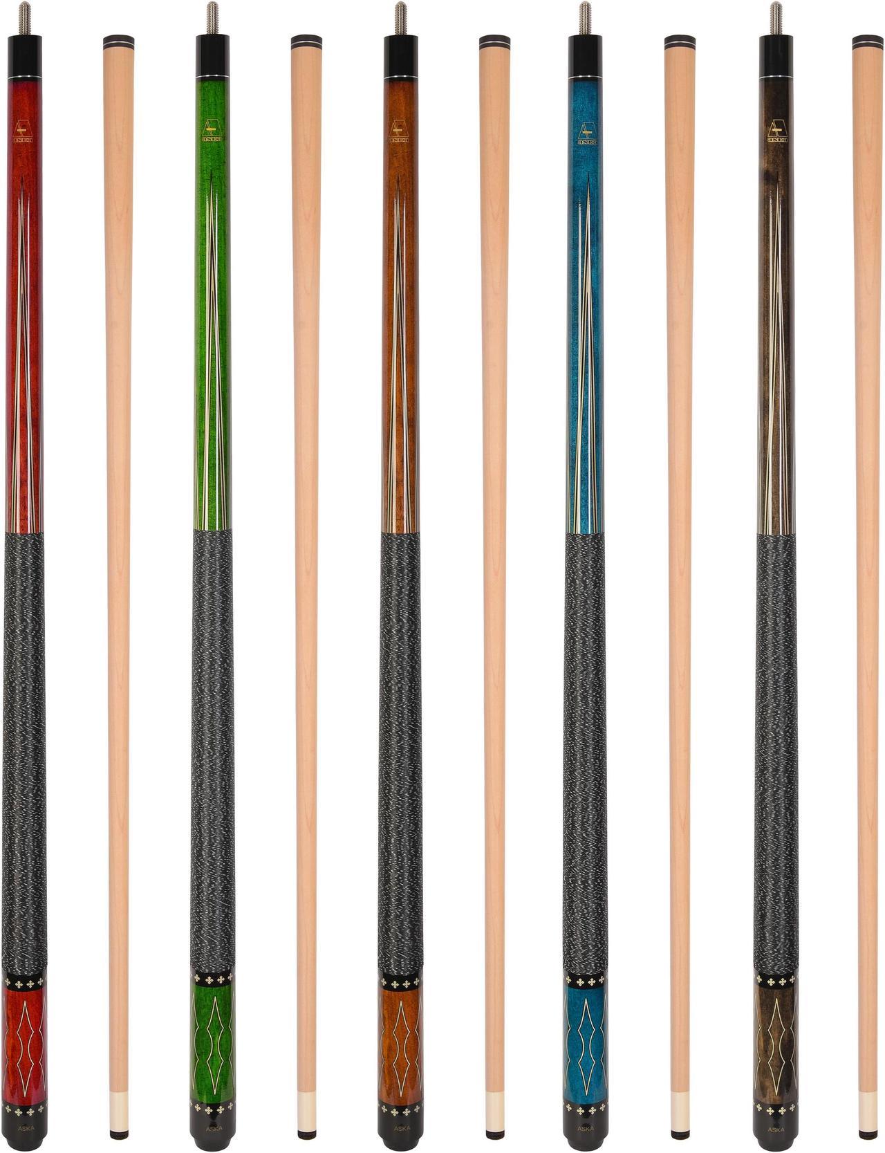 ASKA Set of 5 Pool Cue Sticks 58", Hard Rock Canadian Maple, 13mm Hard Glued On Tip, Mixed Weights and Colors, L22S5