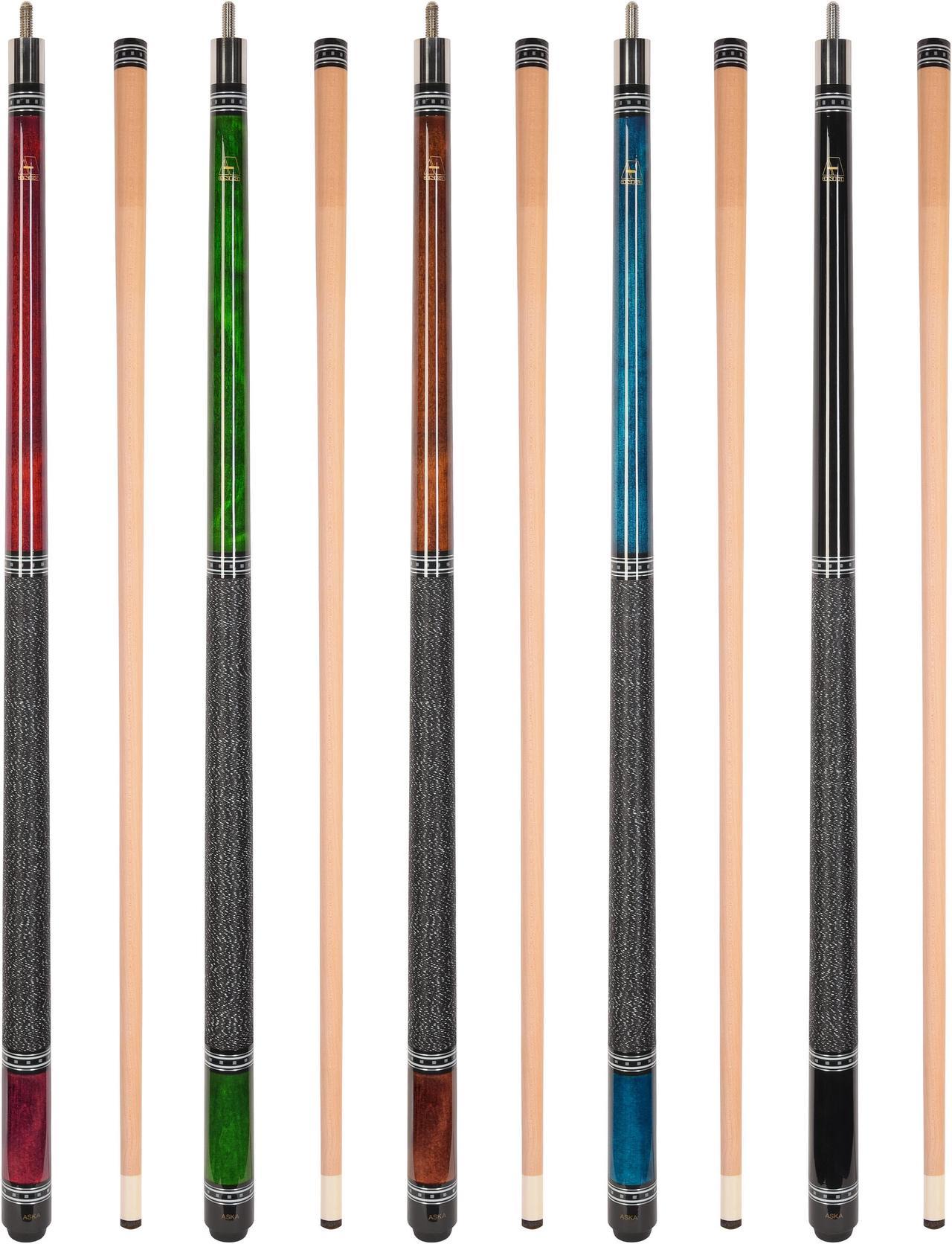 ASKA Set of 5 L9 Pool Cue Sticks 58", 2-Piece Construction, 5/16x18 Joint, Hard Rock Canadian Maple, 13mm Hard Glued On Tip, Mixed Weights and Colors, L9S5