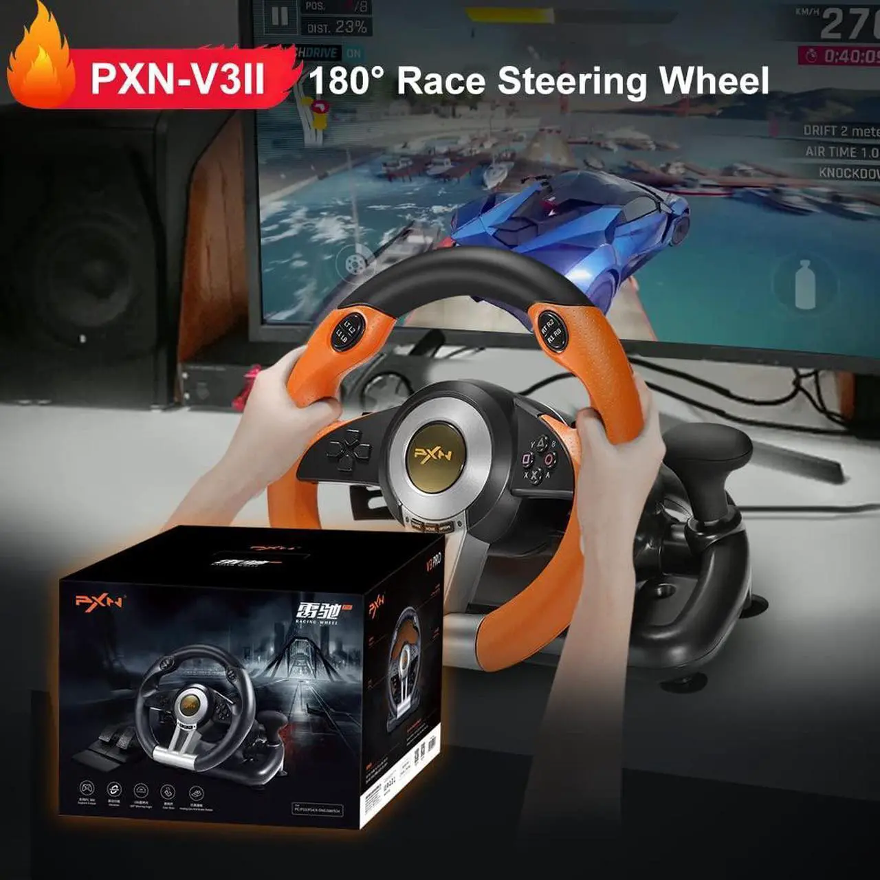 Alt view image 3 of 6 - PXN PC Racing Wheel, V3 PRO 180 Degree Universal USB Car Sim Game Steering Wheel with Pedals for PC, Xbox One, Xbox Series S/X, PS3, PS4, Switch