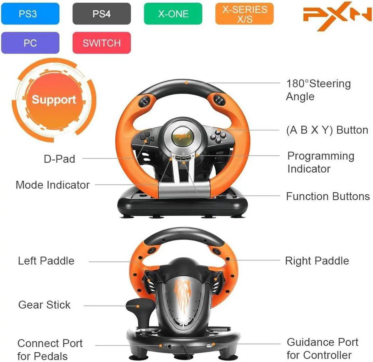 Alt view image 2 of 6 - PXN PC Racing Wheel, V3 PRO 180 Degree Universal USB Car Sim Game Steering Wheel with Pedals for PC, Xbox One, Xbox Series S/X, PS3, PS4, Switch