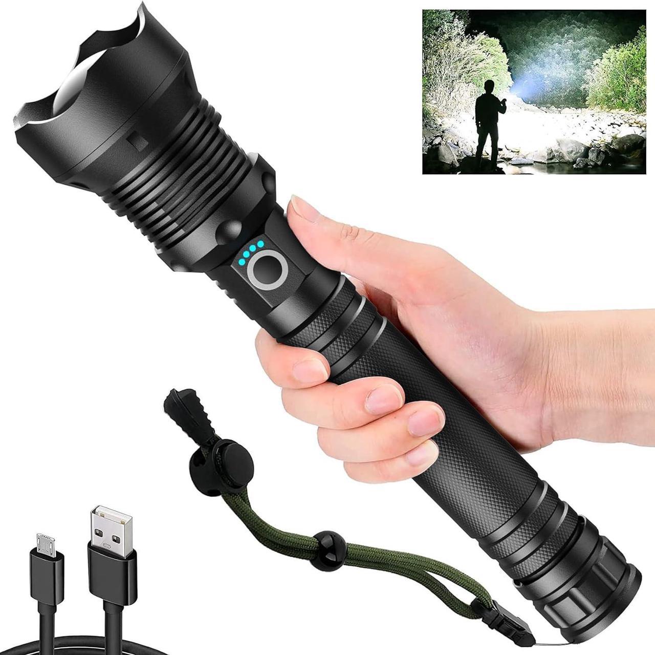 Rechargeable LED Flashlights, 100000 High Lumens Super Bright Flashlights with 3 Modes Waterproof Zoomable Flash Light for Outdoor Emergency