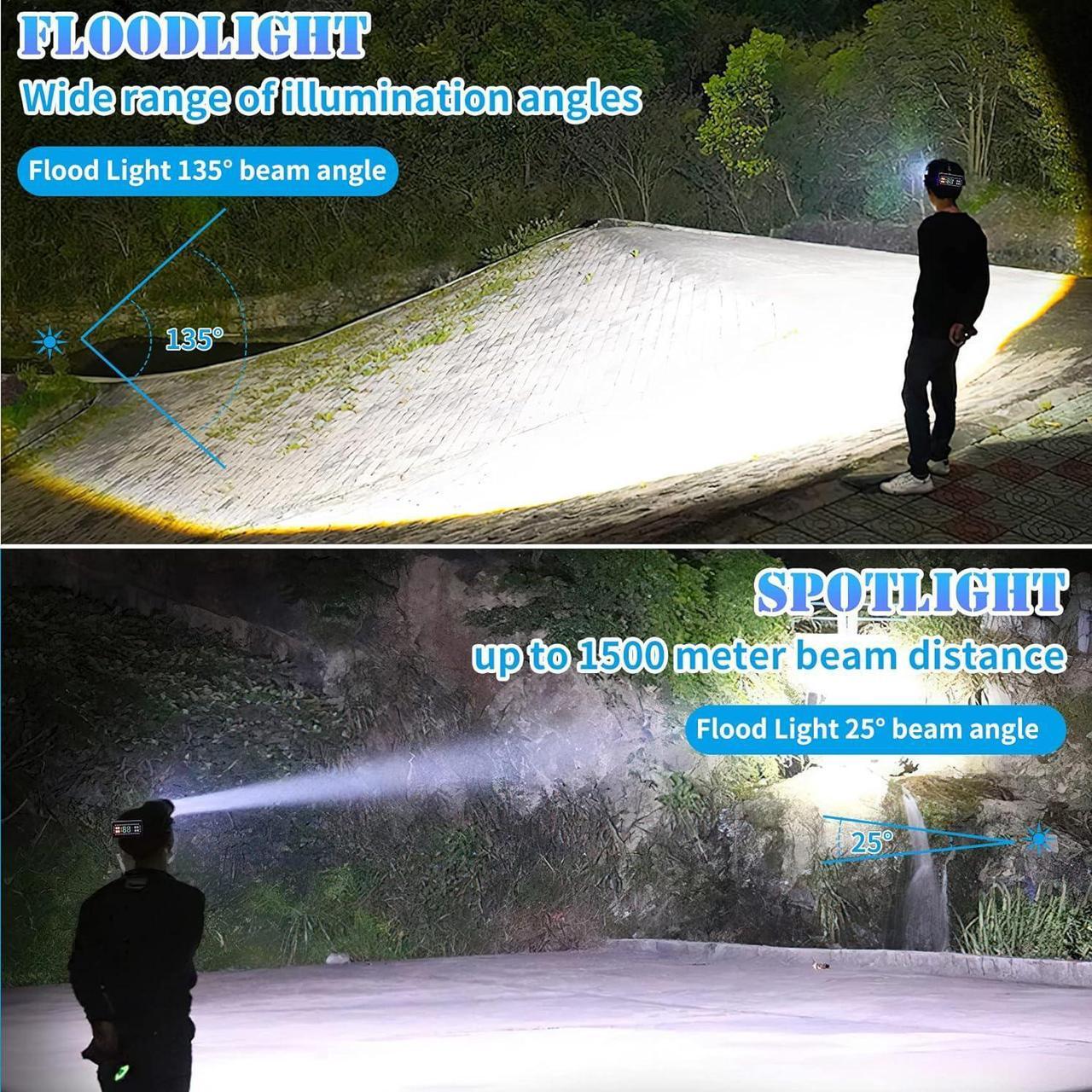 Alt view image 3 of 6 - Rechargeable Headlamp 1500LM Super Bright, LED Headlamp 80H Runtime, 4 Modes & Zoomable IPX6 Waterproof, Red Light Headlamp for Camping, Fishing, Running