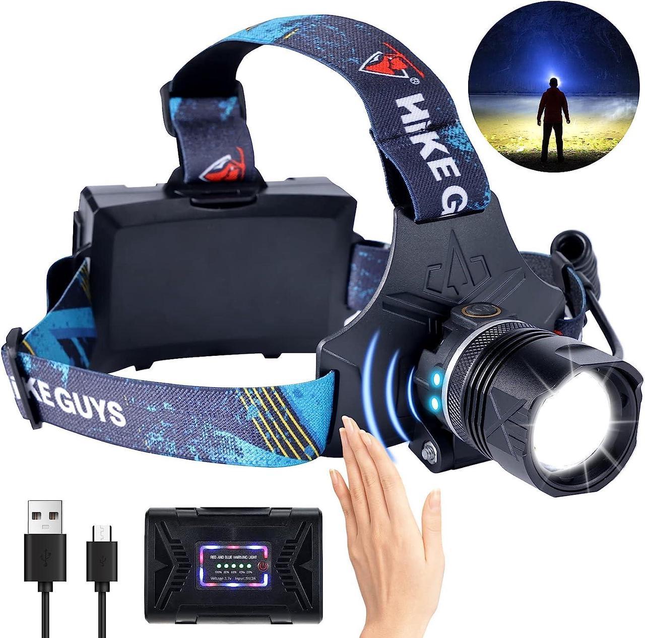 LED Rechargeable Headlamp, Headlight 90000 Lumens Super Bright with 6 Modes & IPX5 Warning Light, Motion Sensor Adjustable Headband Head Lamp, 60° for Adult Outdoor Camping Running Cycling