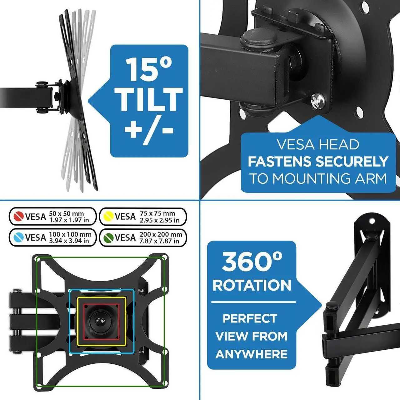 Alt view image 4 of 7 - Mount-It! TV Wall Mount Bracket with Full Motion Arm Fits 13-42 Flat Screen TVs VESA 75, 100, 200, 55lb Weight Capacity with 15" Extension
