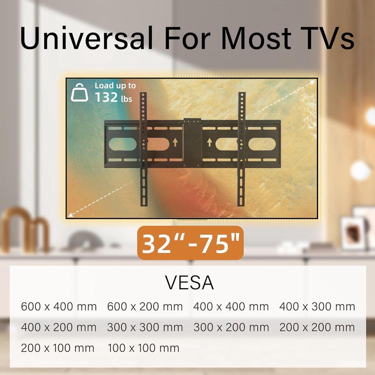 Alt view image 2 of 7 - Low-Profile Tilt TV Wall Mount Bracket, Universal TV Mount for 32-75 Inch Flat Screen TVs, Fits 16"-24" Studs, Max VESA 600x400mm, Holds up to 132lbs, Sturdy and Space-Saving Design