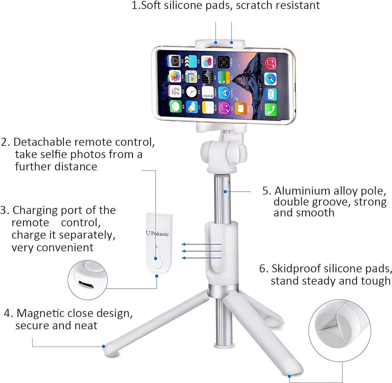 Alt view image 3 of 7 - Selfie Stick Tripod with Wireless Remote Controller Pouch Extendable Adjustable Stand Mount Light-Weight V-Log Compatible with All Apple iPhone, Samsung Galaxy (White)