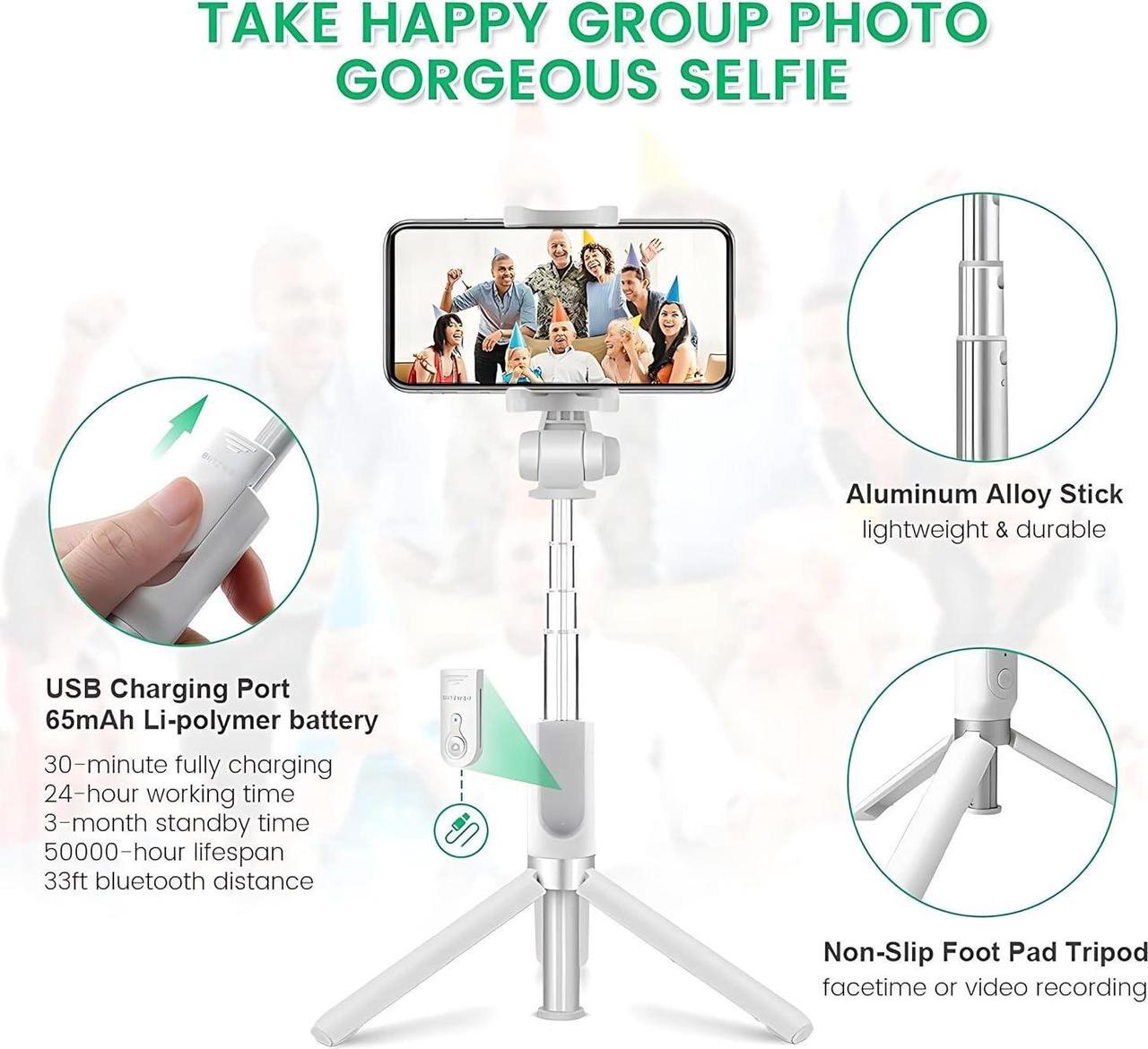 Alt view image 4 of 7 - Selfie Stick Tripod with Wireless Remote Controller Pouch Extendable Adjustable Stand Mount Light-Weight V-Log Compatible with All Apple iPhone, Samsung Galaxy (White)