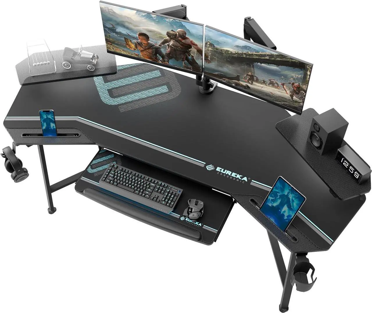 Main image of EUREKA ERGONOMIC Gaming Desk with Led Lights, 72" Large Wing-Shaped Studio Desk W Keyboard Tray Monitor Stand Dual Headphone Hanger Cup Holder for Live, Streamer