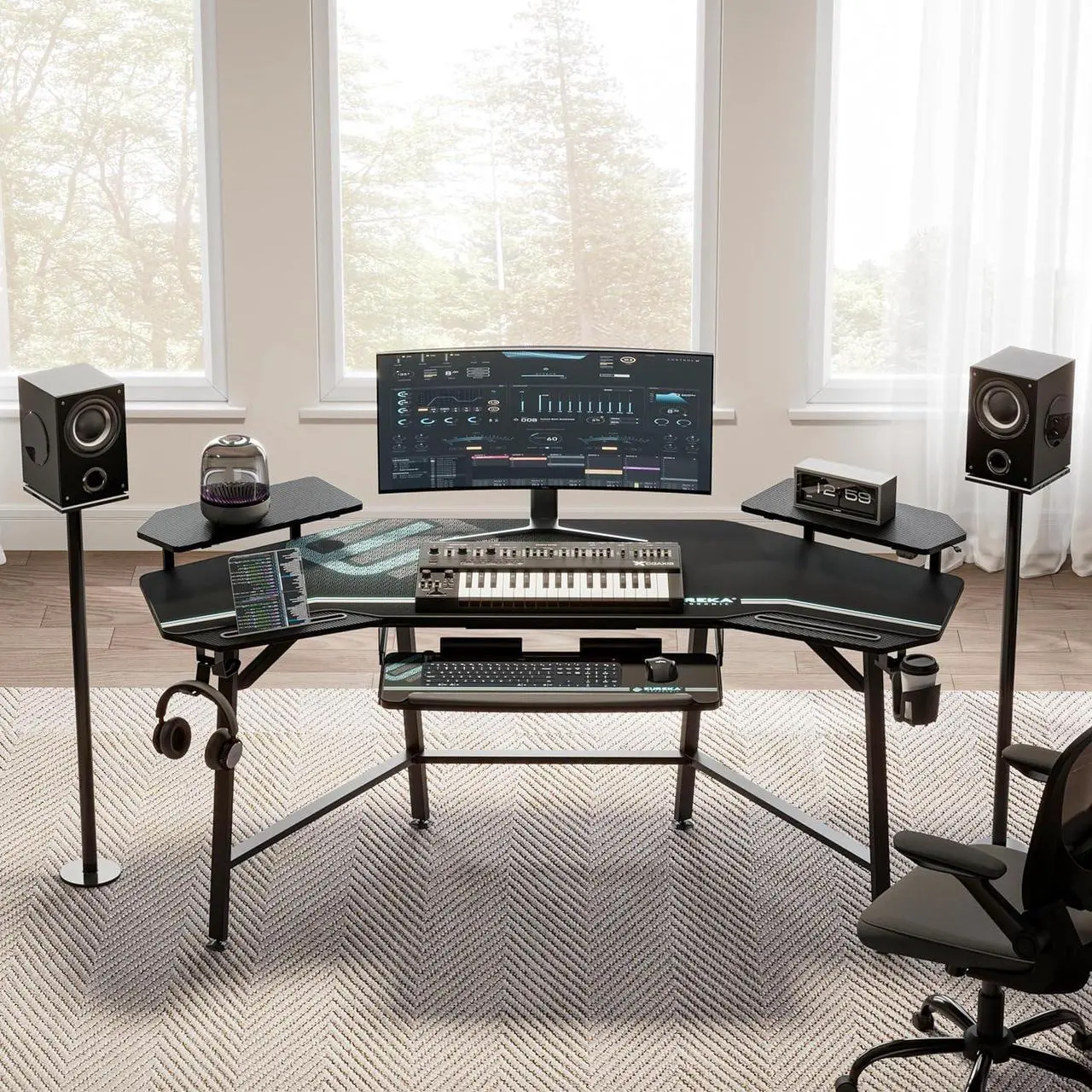 Alt view image 2 of 7 - EUREKA ERGONOMIC Gaming Desk with Led Lights, 72" Large Wing-Shaped Studio Desk W Keyboard Tray Monitor Stand Dual Headphone Hanger Cup Holder for Live, Streamer