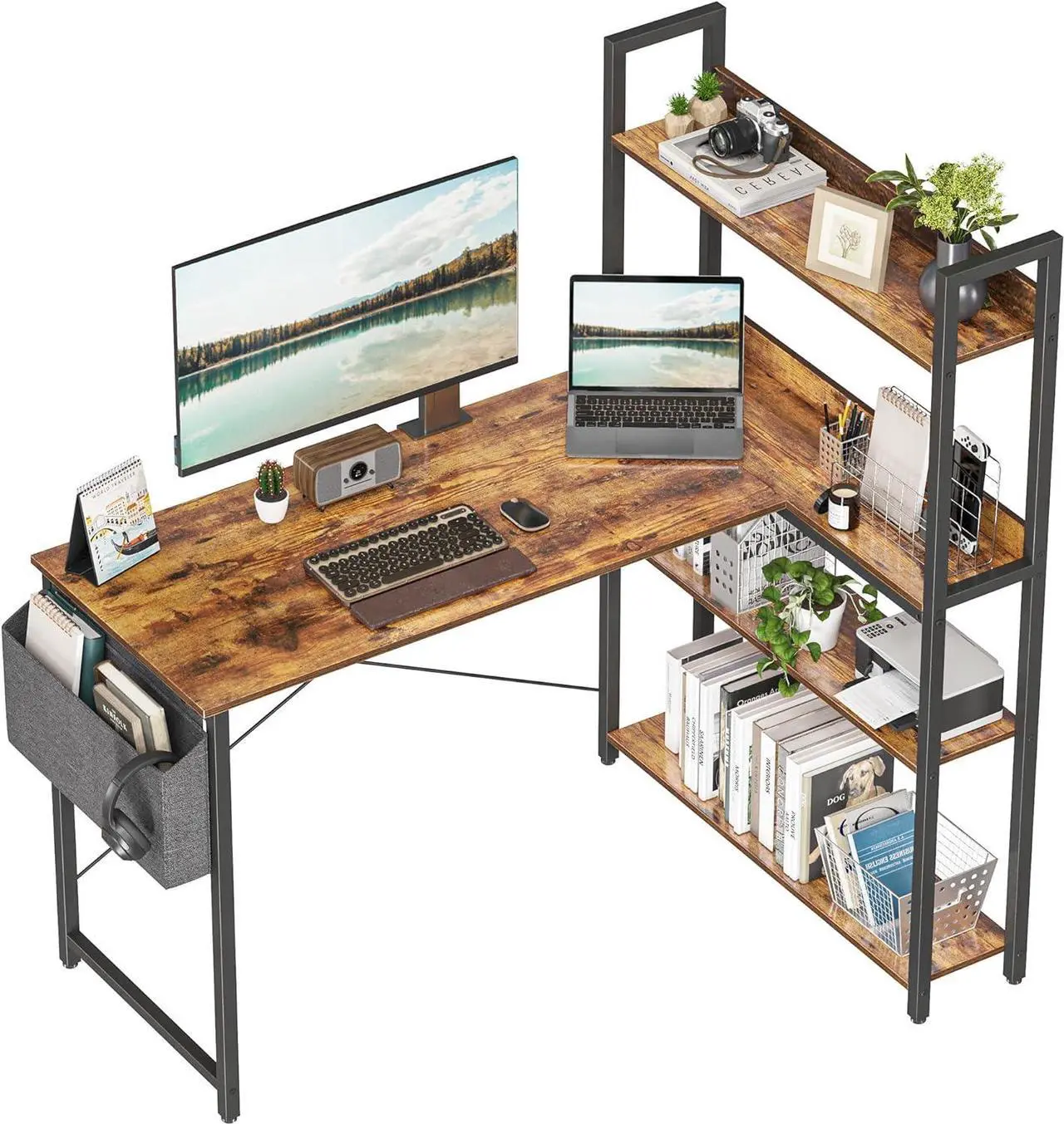 Alt view image 7 of 7 - Treesland 47 Inch Computer Desk with Bookshelf, Corner Desk with Storage, L Shaped Desk, Home Office Desks, Writing Study Desk for Bedroom, Brown