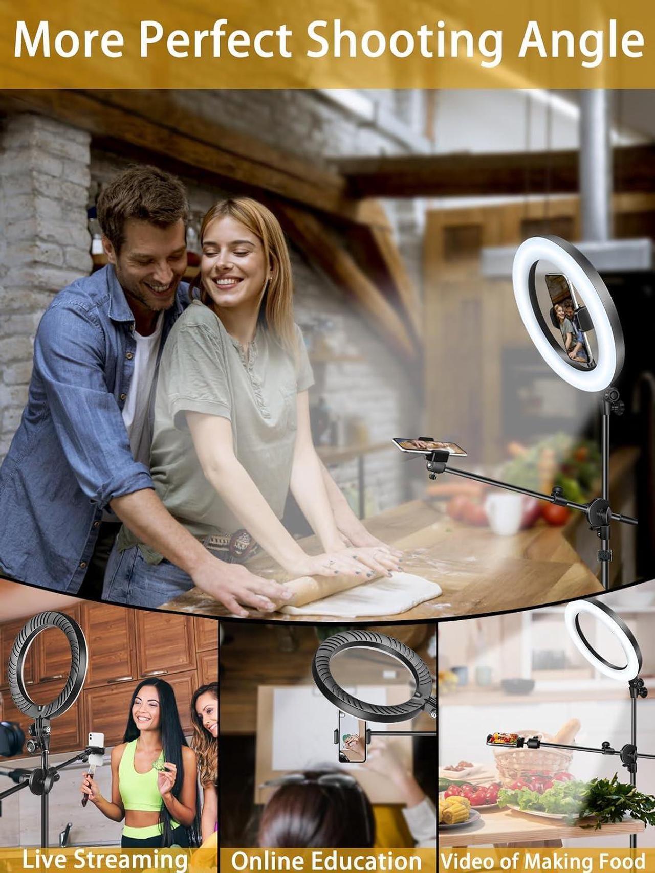 Alt view image 2 of 7 - LUXSURE Selfie Ring Light with Stand and Phone Holder, Ring Light Tripod for iPhone, Overhead Phone Mount 10.5" with Phone Stand, Tripod with Light for Live Stream/Makeup/YouTube/TikTok/Cooking