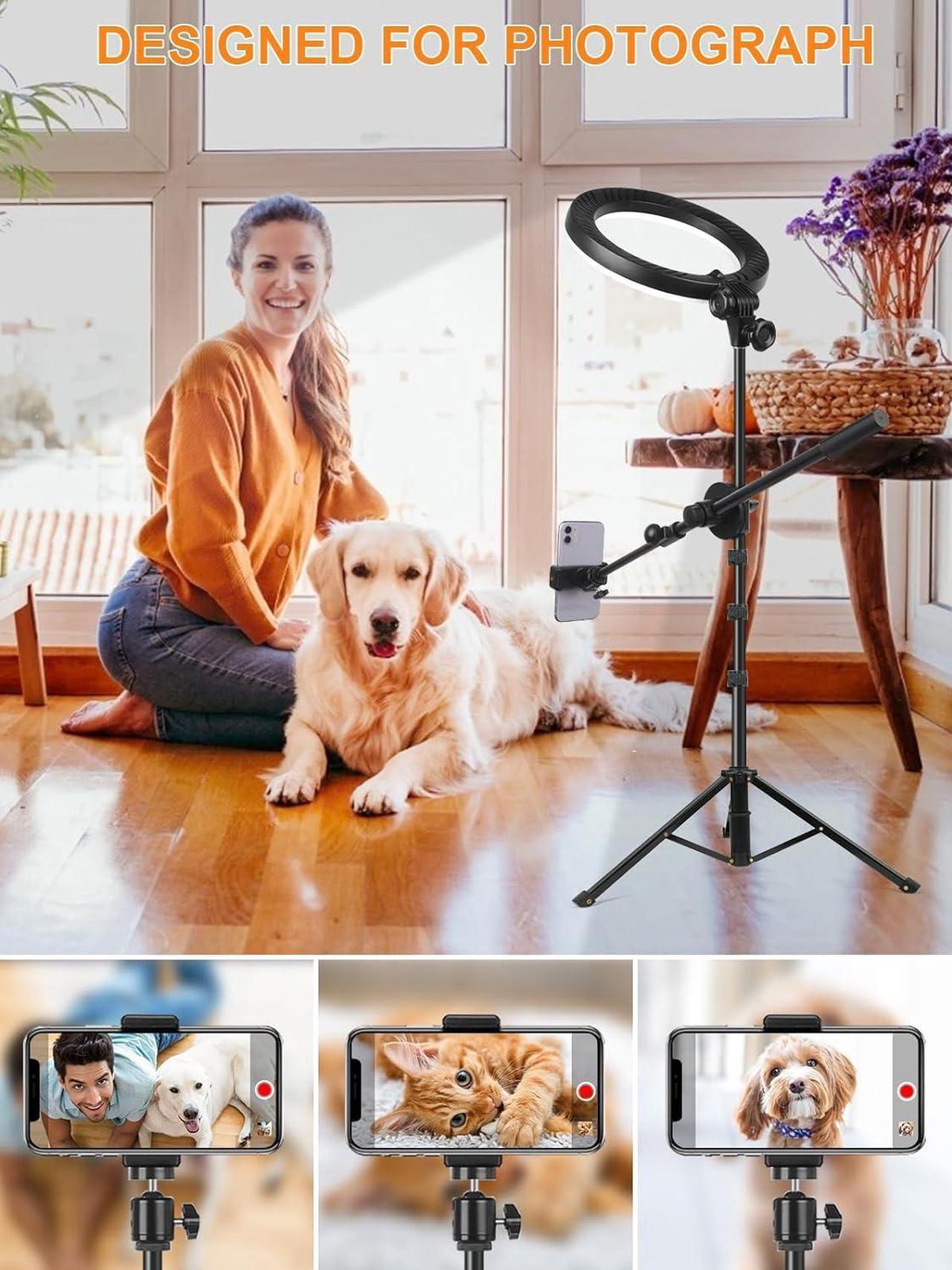 Alt view image 4 of 7 - LUXSURE Selfie Ring Light with Stand and Phone Holder, Ring Light Tripod for iPhone, Overhead Phone Mount 10.5" with Phone Stand, Tripod with Light for Live Stream/Makeup/YouTube/TikTok/Cooking
