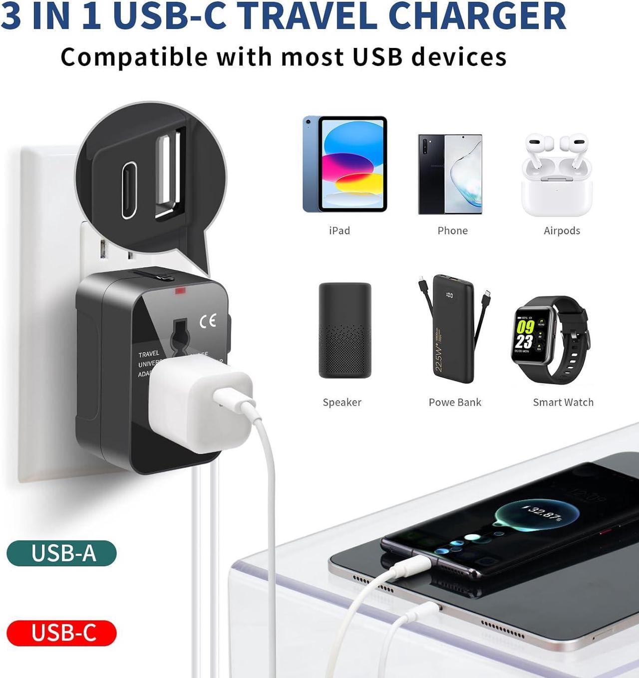Alt view image 2 of 7 - Travel Adapter with USB C, Universal All in One Worldwide Travel Adapter Power Converters Wall Charger AC Power Plug Adapter USB Type C Charging Ports for USA EU UK AUS Black