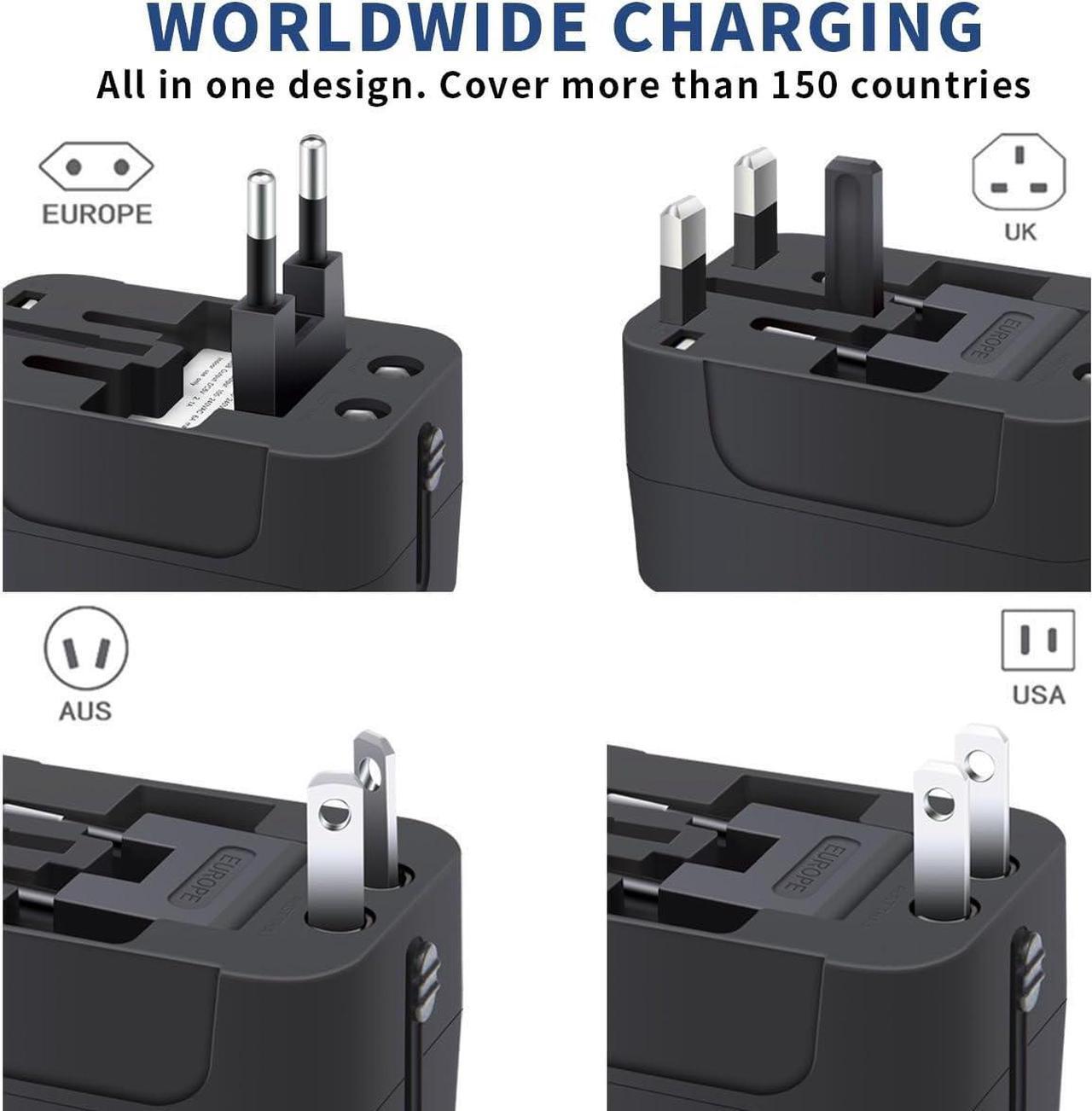 Alt view image 3 of 7 - Travel Adapter with USB C, Universal All in One Worldwide Travel Adapter Power Converters Wall Charger AC Power Plug Adapter USB Type C Charging Ports for USA EU UK AUS Black