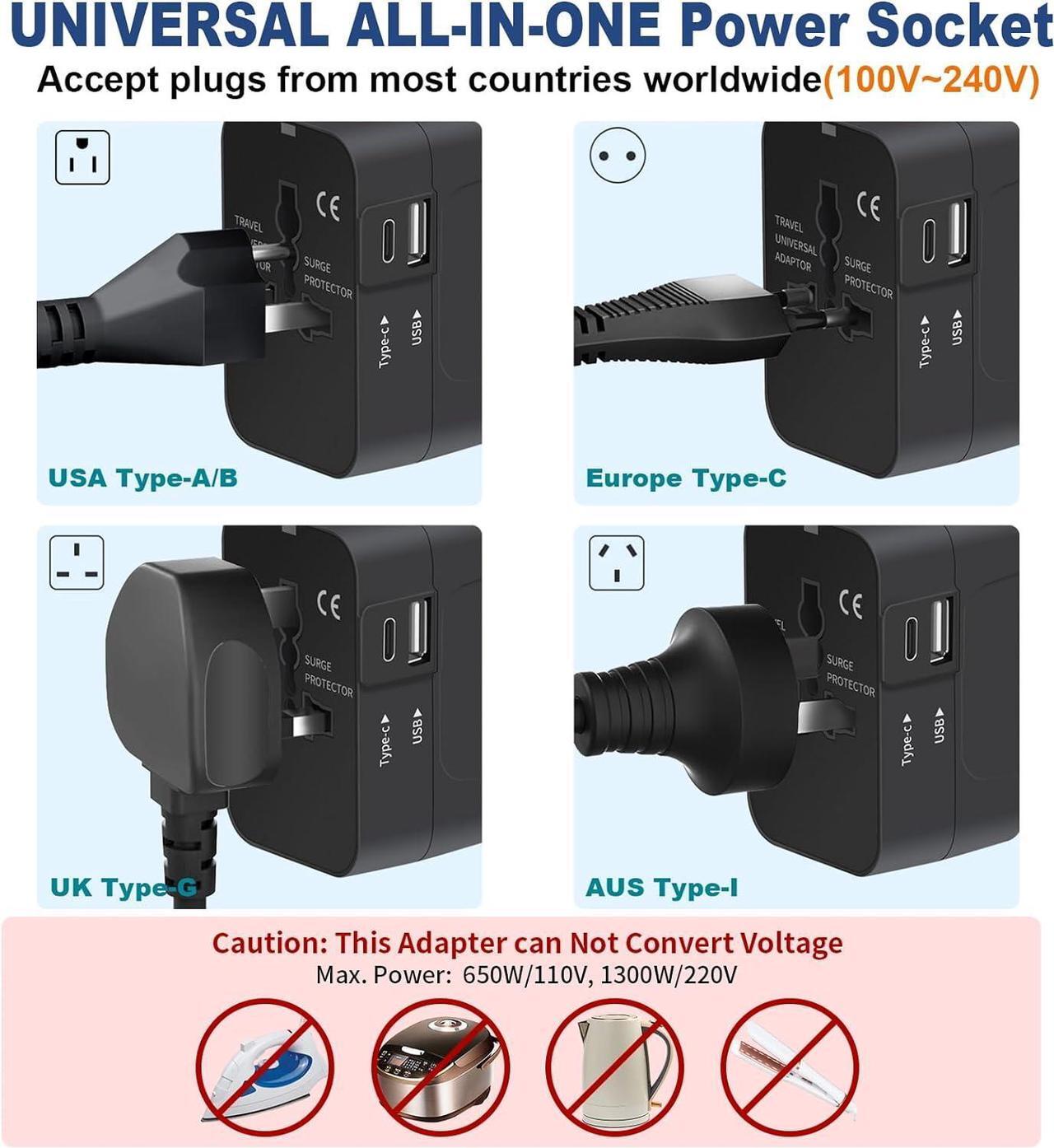 Alt view image 4 of 7 - Travel Adapter with USB C, Universal All in One Worldwide Travel Adapter Power Converters Wall Charger AC Power Plug Adapter USB Type C Charging Ports for USA EU UK AUS Black