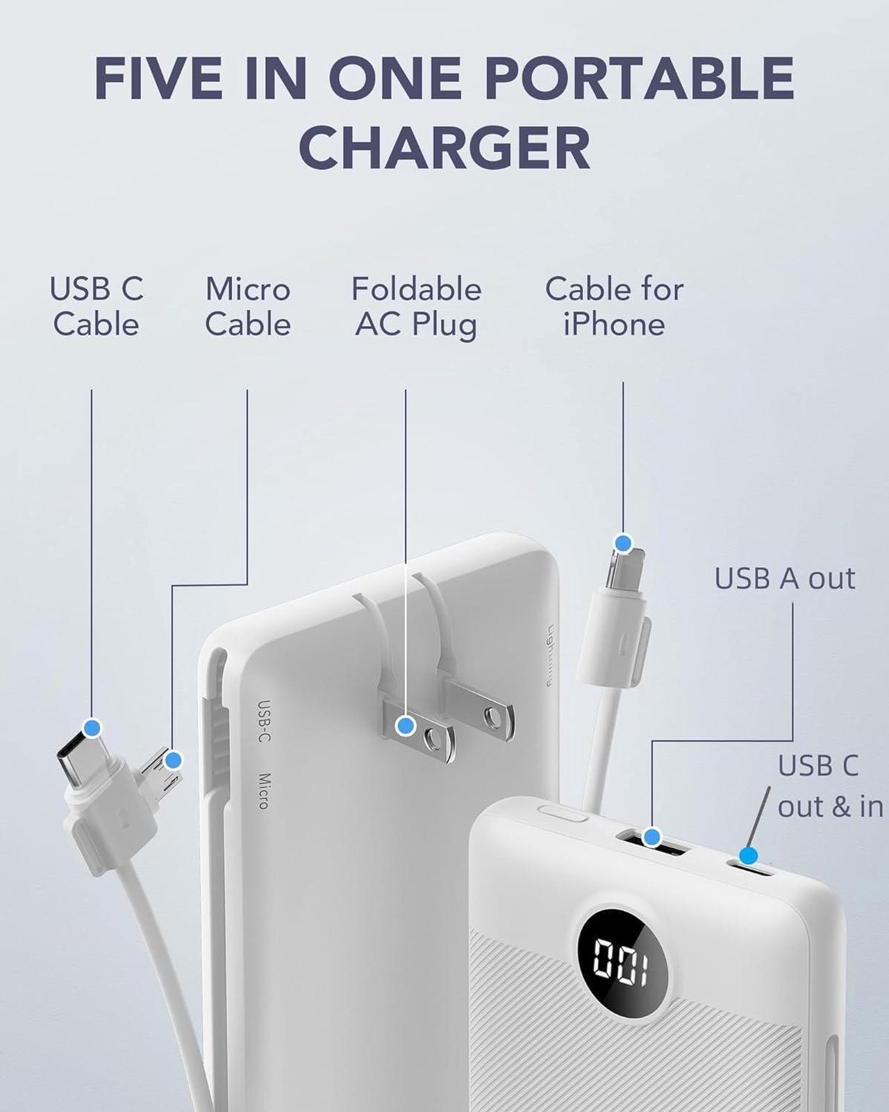 Alt view image 3 of 7 - VRURC Portable Charger Built-in Cables and AC Wall Plug, USB C Power Bank 10000mAh, [2023 Upgraded Version] Phone Charger Compact Lightweight External Battery Pack for Smart Phones, Tablets etc-White