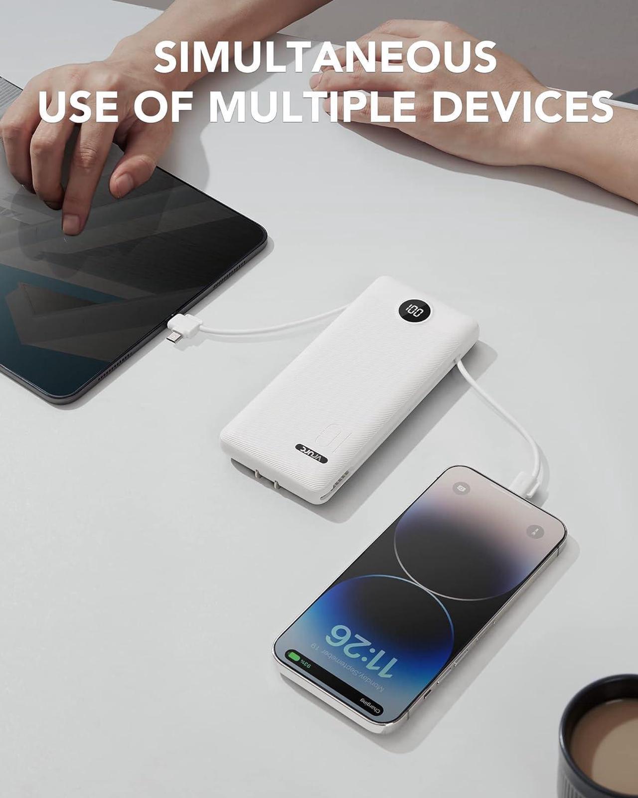 Alt view image 7 of 7 - VRURC Portable Charger Built-in Cables and AC Wall Plug, USB C Power Bank 10000mAh, [2023 Upgraded Version] Phone Charger Compact Lightweight External Battery Pack for Smart Phones, Tablets etc-White