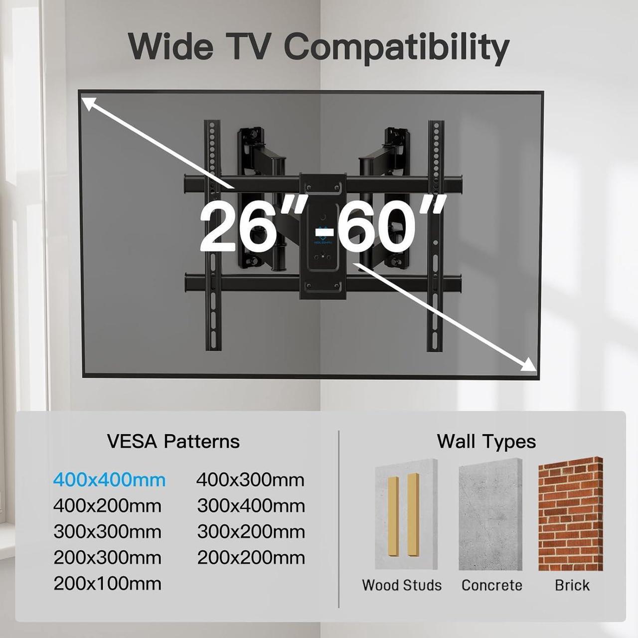 Alt view image 2 of 7 - PERLESMITH Corner TV Wall Mount Bracket for 26-60 inch LED LCD Flat Curved Screen TVs up to 99 lbs, Full Motion Corner TV Mount with Dual Articulating Arms, Swivel, Tilt, Extension, Max VESA 400x400mm