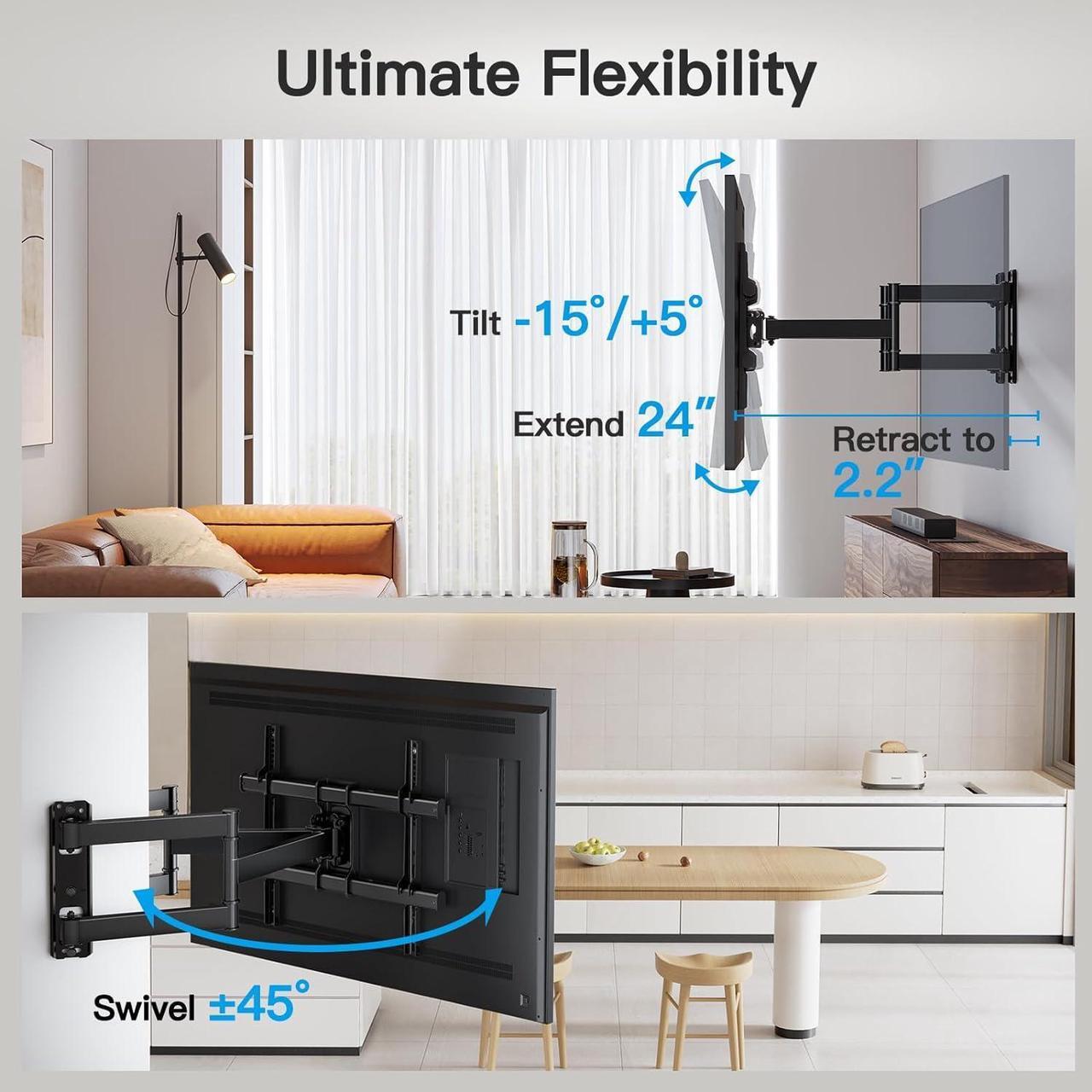 Alt view image 5 of 7 - PERLESMITH Corner TV Wall Mount Bracket for 26-60 inch LED LCD Flat Curved Screen TVs up to 99 lbs, Full Motion Corner TV Mount with Dual Articulating Arms, Swivel, Tilt, Extension, Max VESA 400x400mm