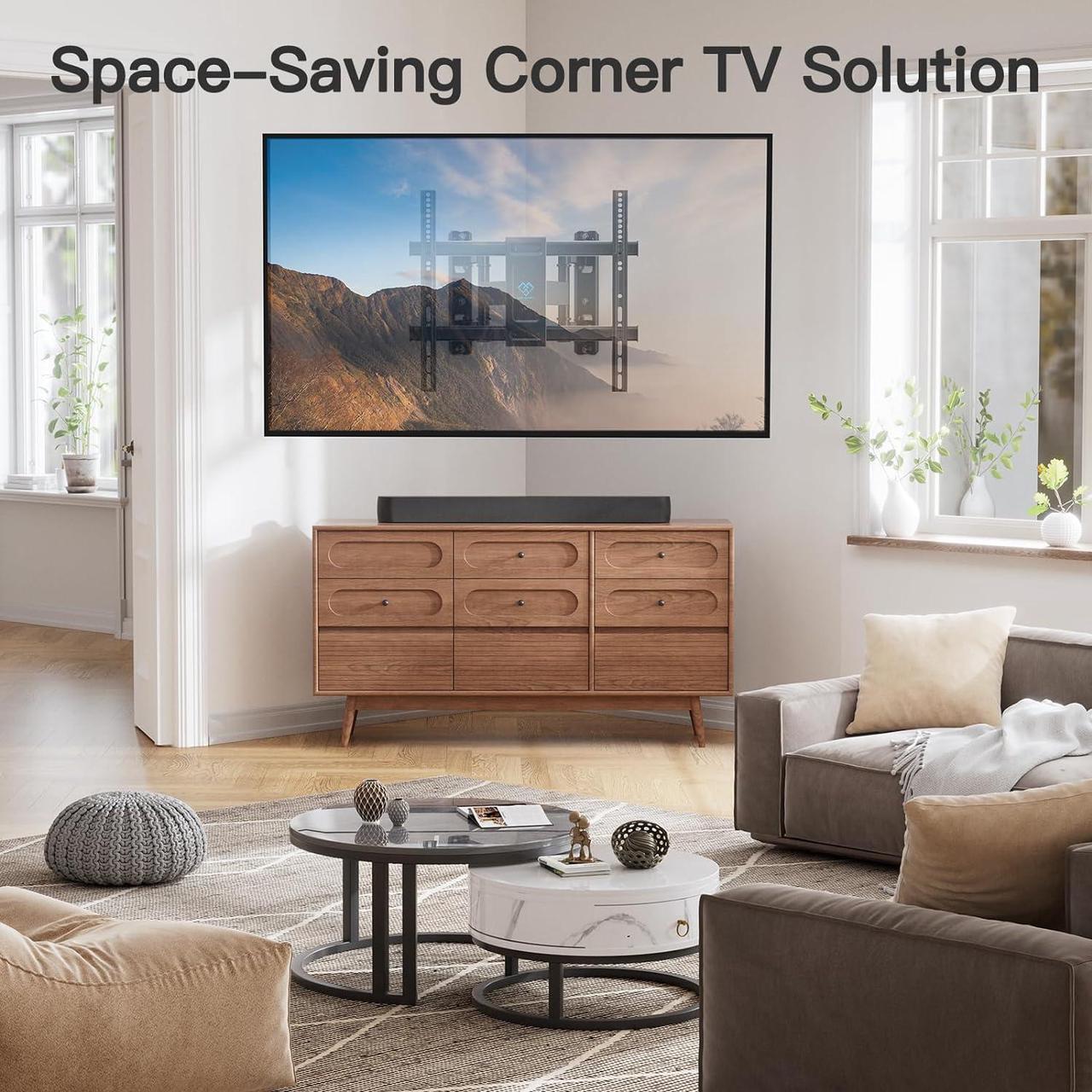 Alt view image 7 of 7 - PERLESMITH Corner TV Wall Mount Bracket for 26-60 inch LED LCD Flat Curved Screen TVs up to 99 lbs, Full Motion Corner TV Mount with Dual Articulating Arms, Swivel, Tilt, Extension, Max VESA 400x400mm