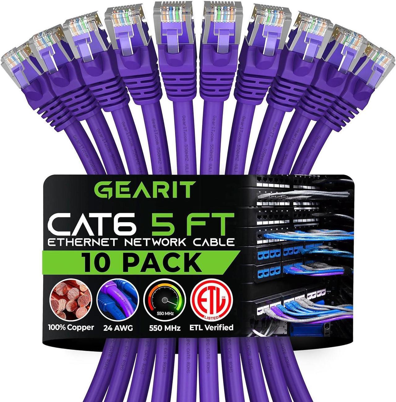 GearIT 10 Pack, Cat 6 Ethernet Cable Cat6 Snagless Patch 5 Feet - Computer LAN Network Cord, Purple - Compatible with 10 Port Switch POE 10port Gigabit