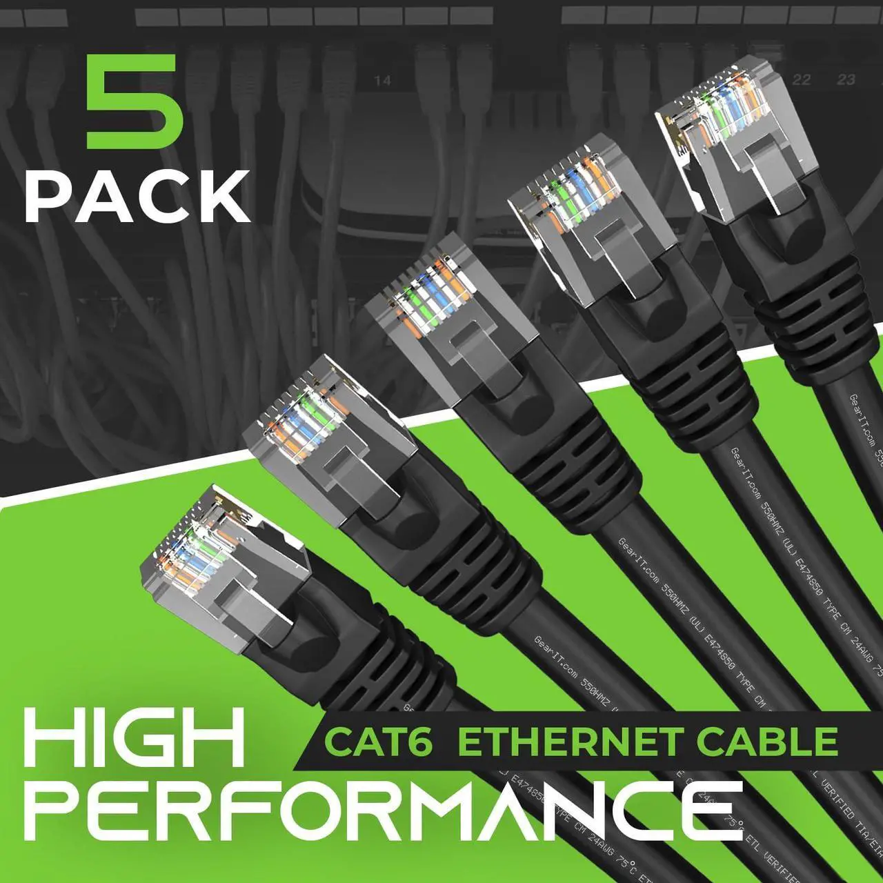 Alt view image 2 of 7 - GearIT Cat 6 Ethernet Cable 100 ft (5-Pack) - Cat6 Patch Cable, Cat 6 Patch Cable, Cat6 Cable, Cat 6 Cable, Cat6 Ethernet Cable, Network Cable, Internet Cable - Black 100 Feet