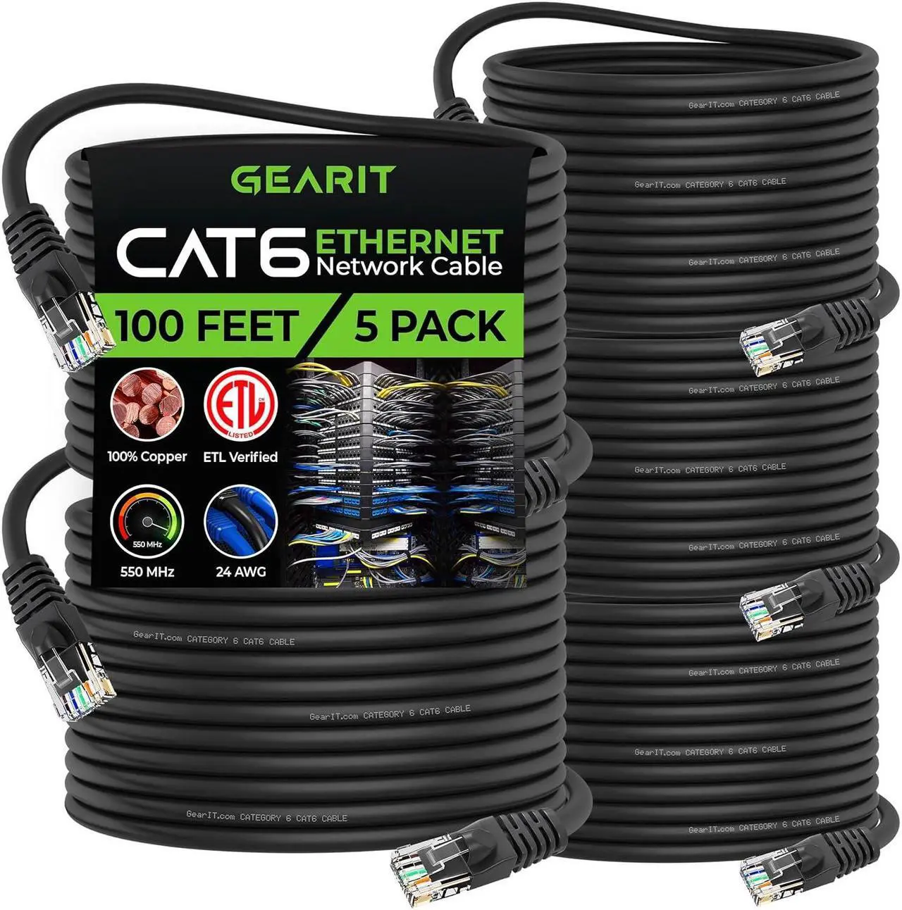 Main image of GearIT Cat 6 Ethernet Cable 100 ft (5-Pack) - Cat6 Patch Cable, Cat 6 Patch Cable, Cat6 Cable, Cat 6 Cable, Cat6 Ethernet Cable, Network Cable, Internet Cable - Black 100 Feet
