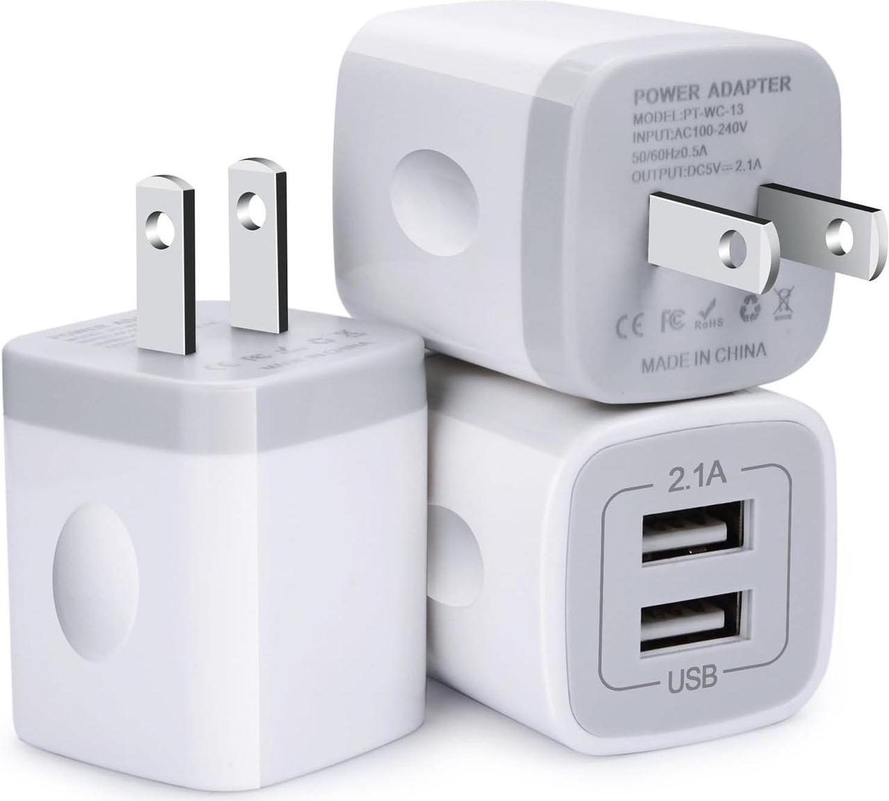 Charger Block, USB Wall Charger, 3Pack Dual Port 2.1Amp Fast Charger Brick Base Adapter Charging Cube Plug Box Compatible iPhone 15 14 13 12 X 6 6S 7 8 Plus, iPad, Samsung, Android