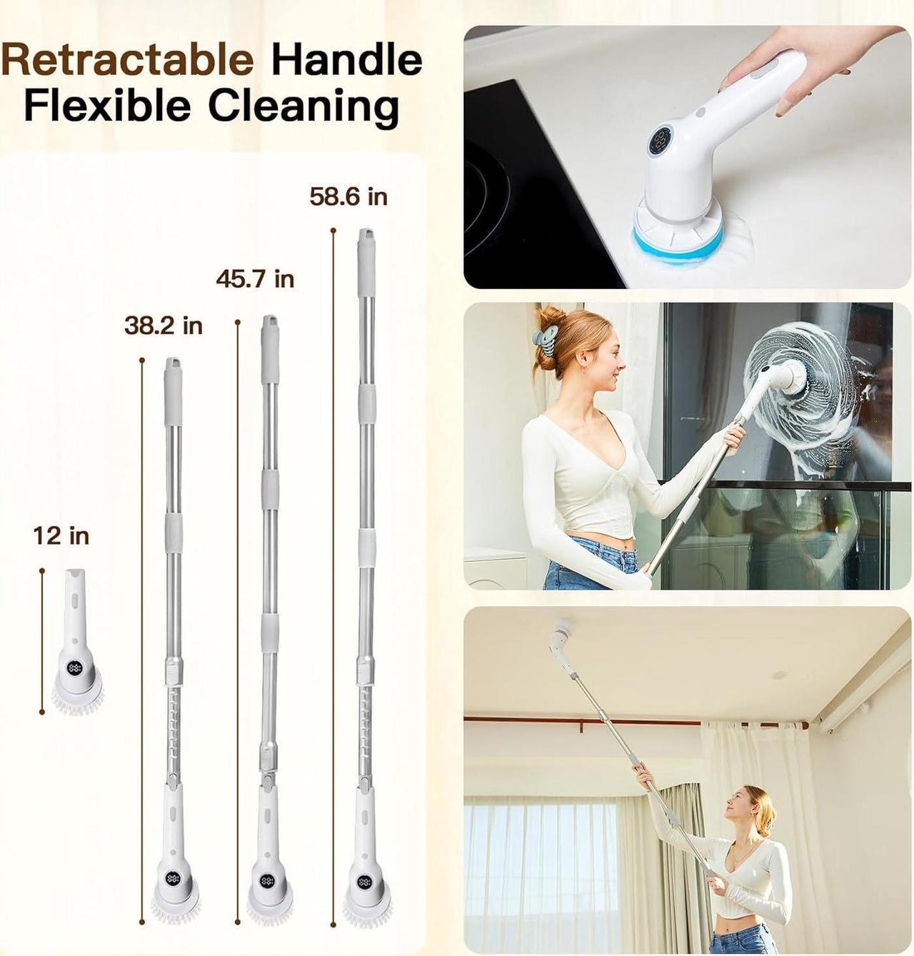 Alt view image 3 of 7 - Electric Spin Scrubber: Cordless Shower Scrubber with 8 Replaceable Brush Heads- 3 Adjustable Speeds- Adjustable Extension Handles- Power Cleaning Brush for Bathroom- Floor- Tile