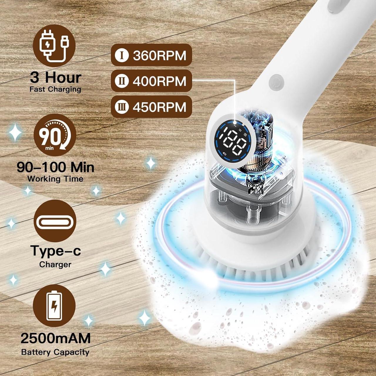 Alt view image 4 of 7 - Electric Spin Scrubber: Cordless Shower Scrubber with 8 Replaceable Brush Heads- 3 Adjustable Speeds- Adjustable Extension Handles- Power Cleaning Brush for Bathroom- Floor- Tile