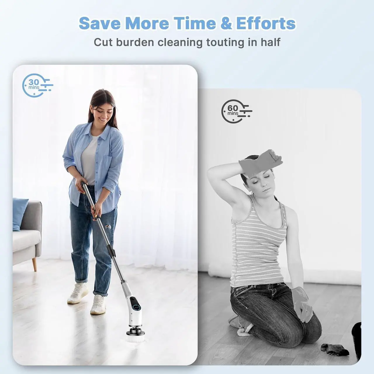 Alt view image 4 of 6 - Dovety Electric Spin Scrubber, Cordless Cleaning Brush, Shower Scrubber with 8 Replaceable Brush Head, Power Cleaning Brush with Extension Handle, 2 Adjustable Speed, for Bathtub Grout Tile Floor