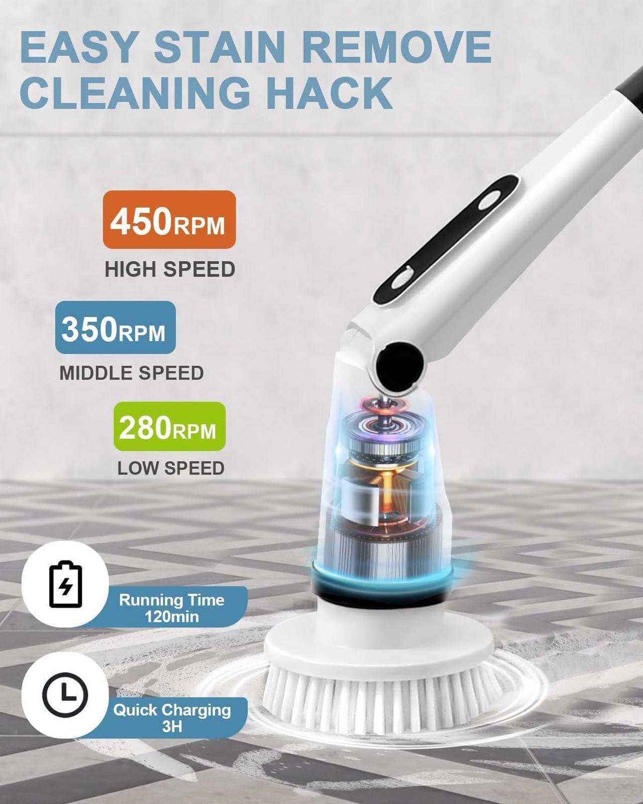 Alt view image 3 of 6 - IEZFIX Electric Spin Scrubber, Bathroom Scrubber Electric Shower Scrubber for Cleaning Tub/Tile/Floor/Sink/WindowPower Scrubber X03 Turbo Cordless with 8 Cleaning Brush Heads,3 Speeds Up to 450RPM